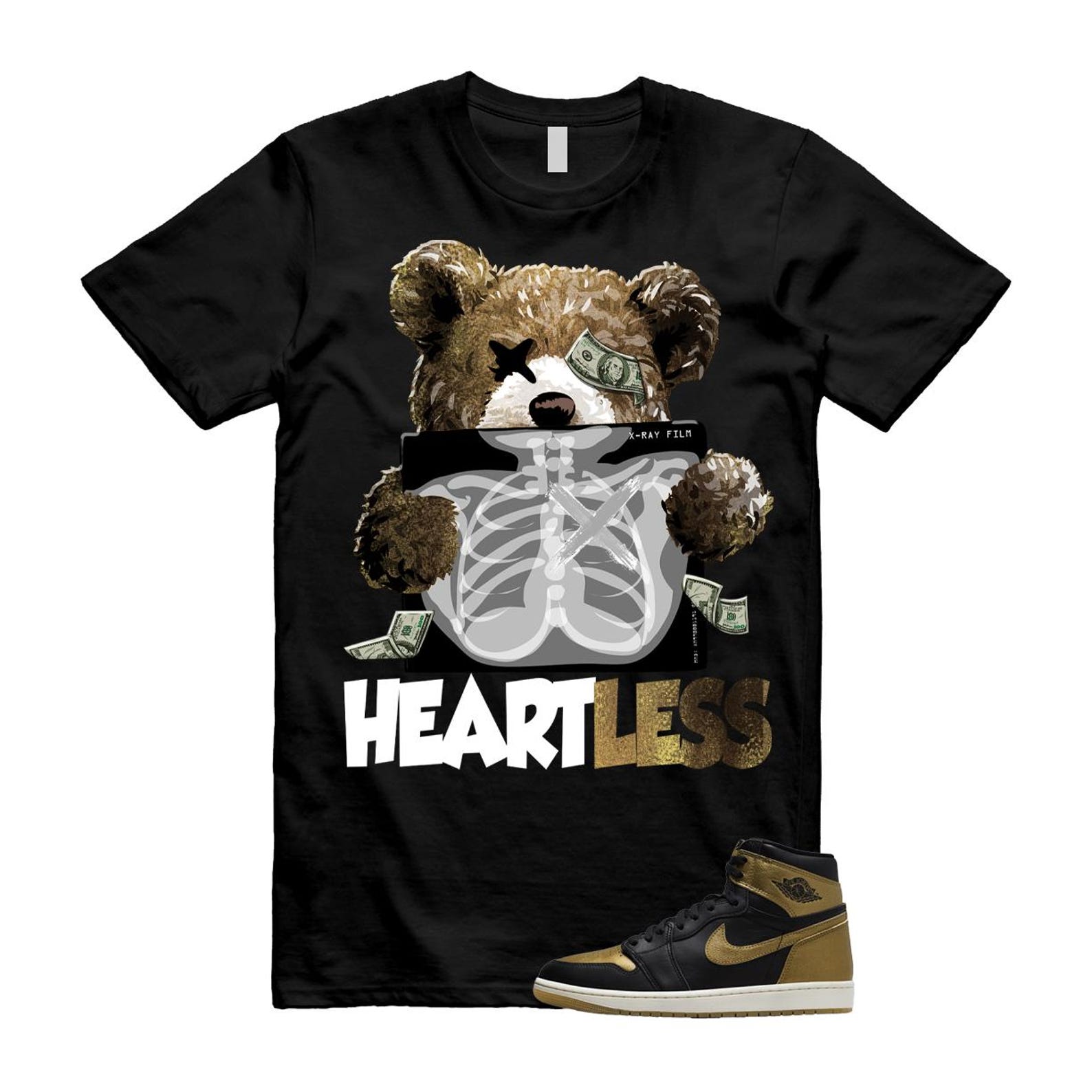 1 Black Metallic Gold Sail Retro High OG T Shirt Match HEART T-Shirt, Sneaker Match Tee