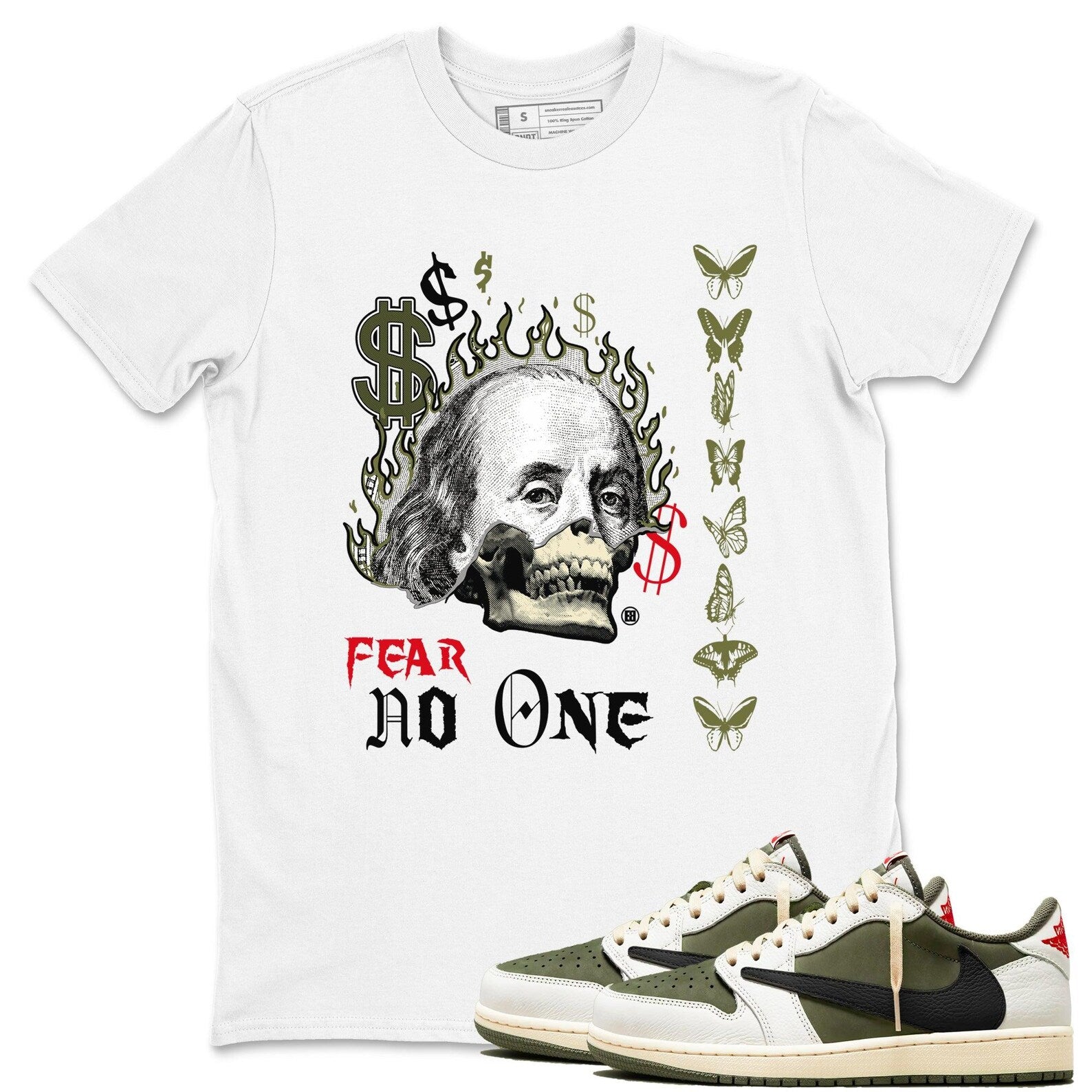 Fear No One Unisex T Shirts To Match Jordans 1s Low Travis x Medium Olive T-Shirt, Sneaker Match Tee