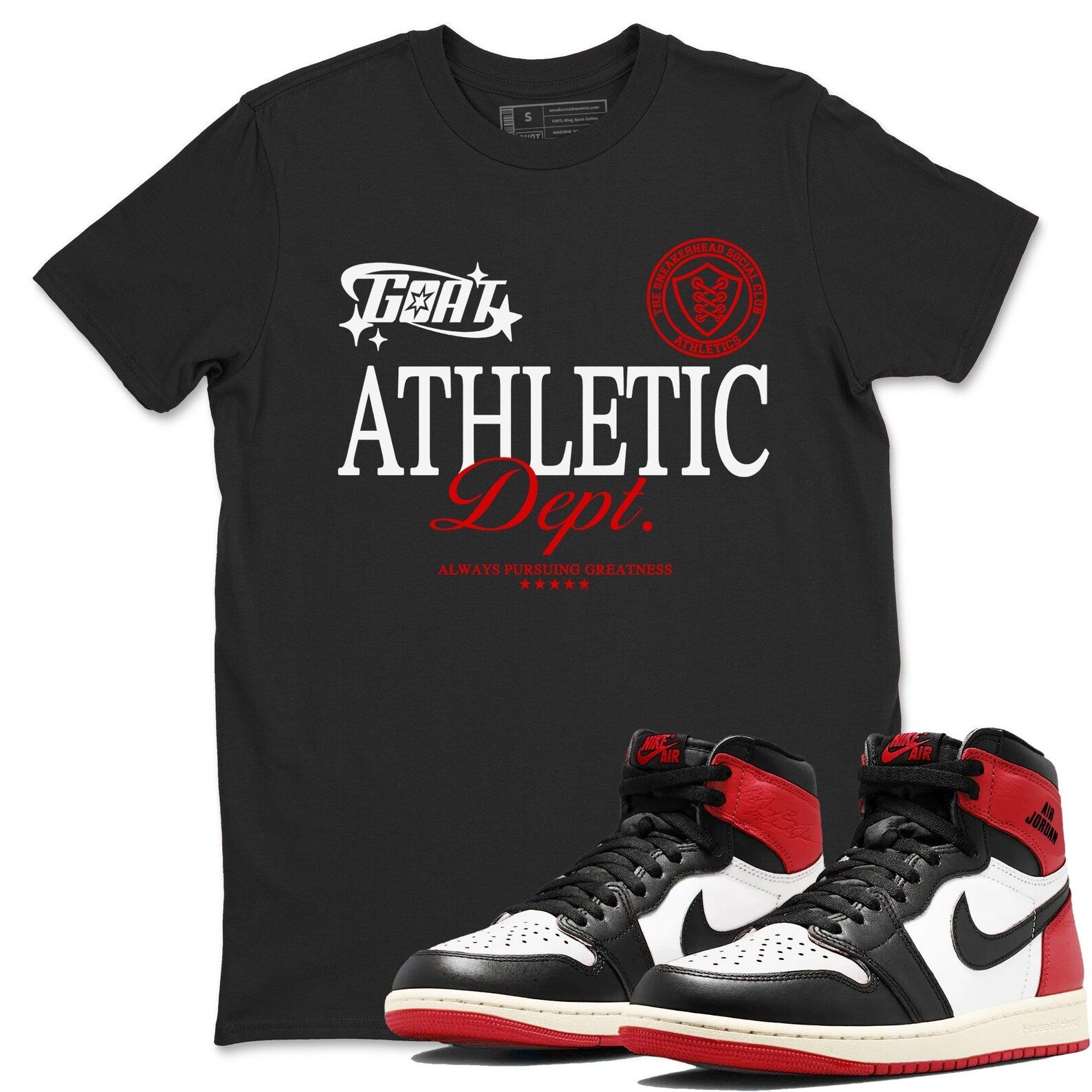Goat Athletic Dept Sneaker T Shirts To Match Jordans 1s High OG Black Toe Reimagined T-Shirt, Sneaker Match Tee