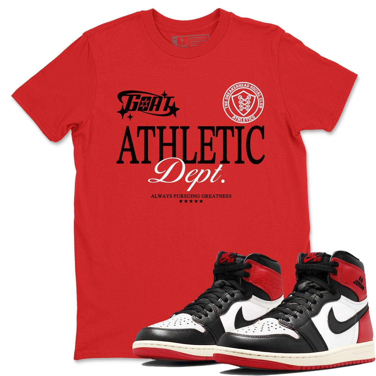 Goat Athletic Dept Sneaker T Shirts To Match Jordans 1s High OG Black Toe Reimagined T-Shirt, Sneaker Match Tee