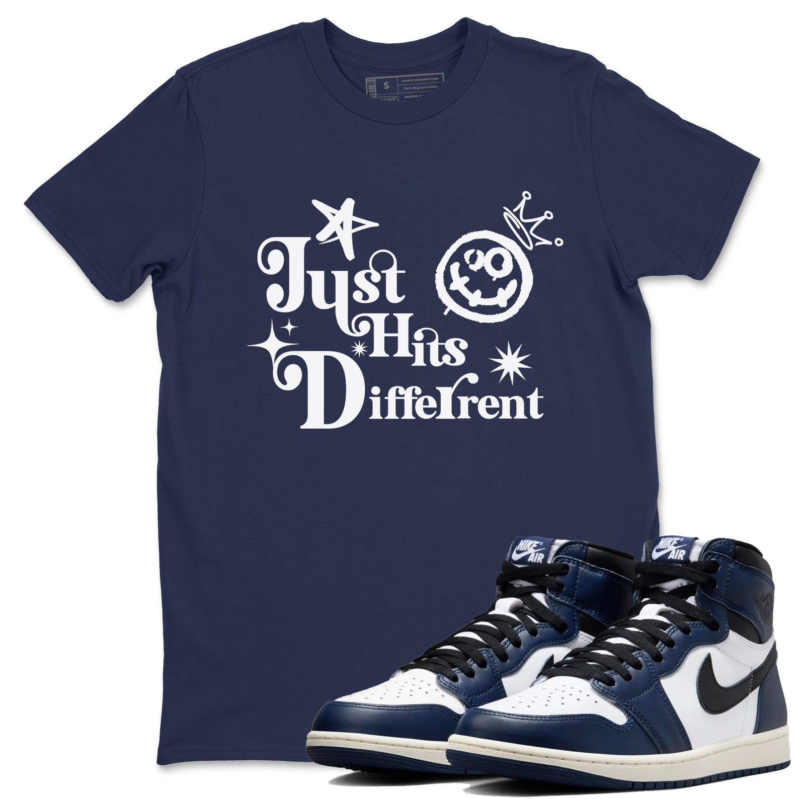 Just Hits Different Unisex T Shirt To Match Jordans 1s High OG Midnight Navy T-Shirt, Sneaker Match Tee