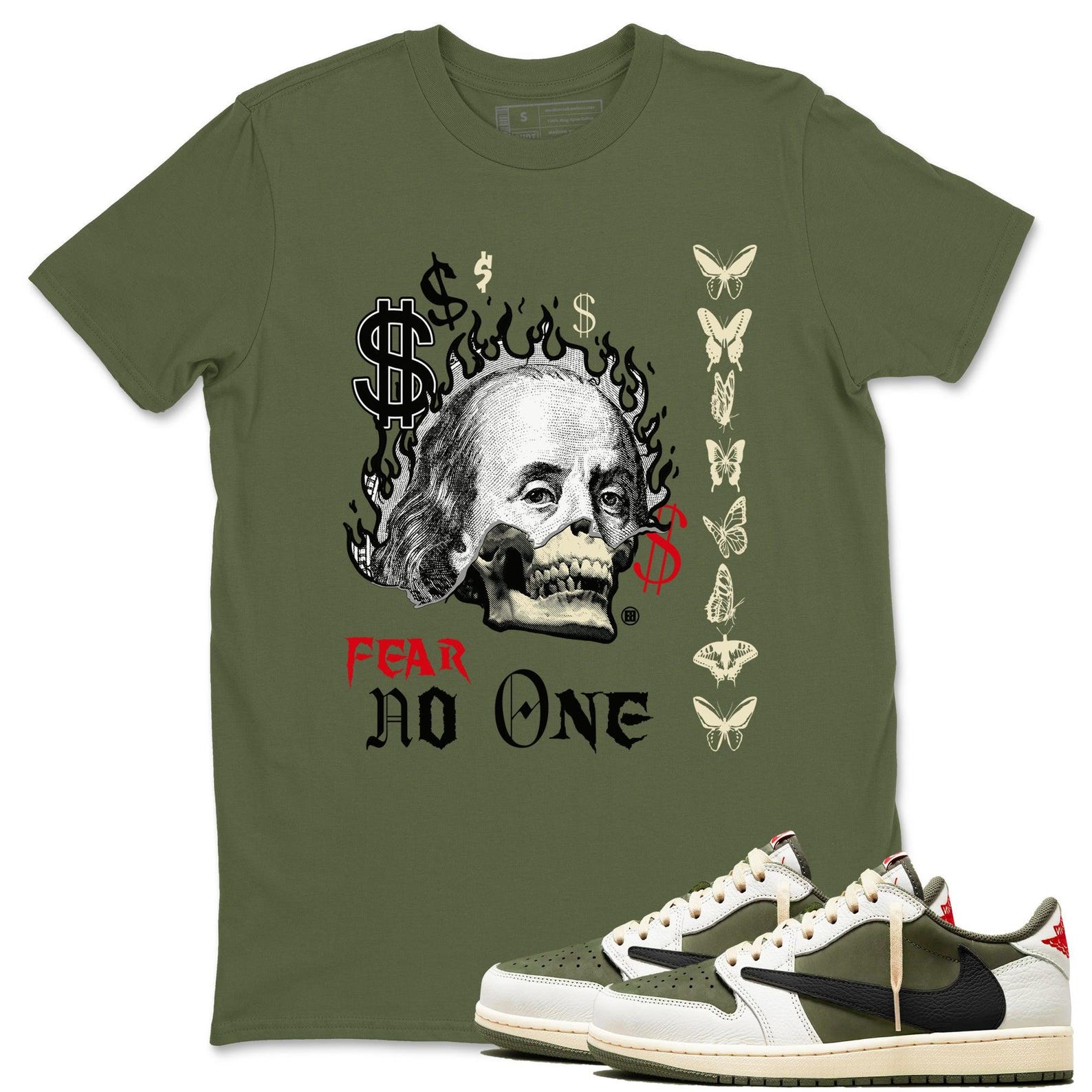 Fear No One Unisex T Shirts To Match Jordans 1s Low Travis x Medium Olive T-Shirt, Sneaker Match Tee