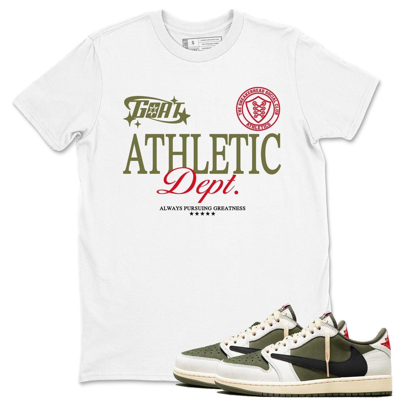 Goat Athletic Dept Sneaker T Shirts To Match Jordans 1s Travis Medium Olive T-Shirt, Sneaker Match Tee