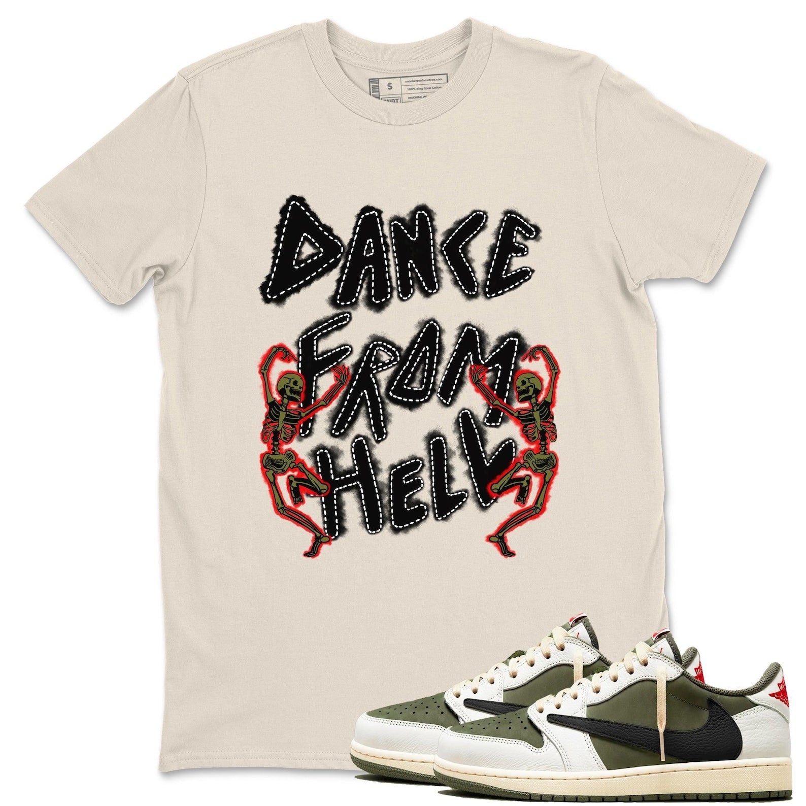 Dance From Hell Sneaker T Shirt Unisex Sneaker Shirts To Match Jordans AJ1 Travis Medium Olive T-Shirt, Sneaker Match Tee
