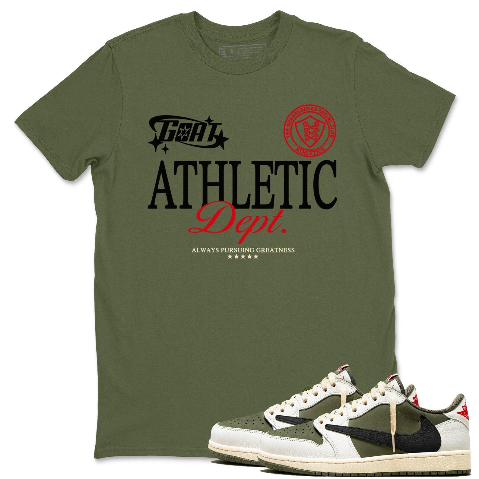 Goat Athletic Dept Sneaker T Shirts To Match Jordans 1s Travis Medium Olive T-Shirt, Sneaker Match Tee