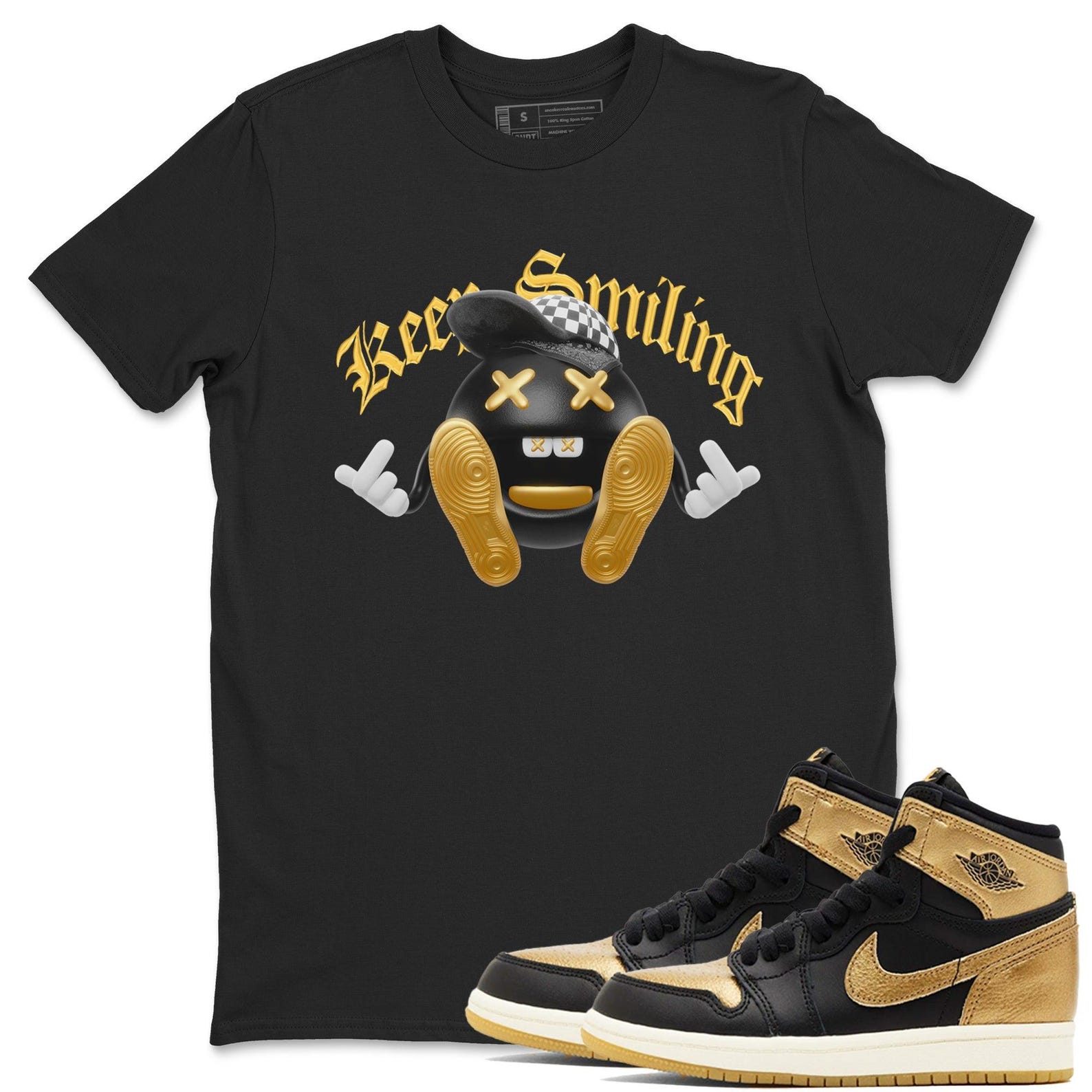 Keep Smiling Unisex T Shirts To Match Jordans 1 Retro Black Metallic Gold T-Shirt, Sneaker Match Tee