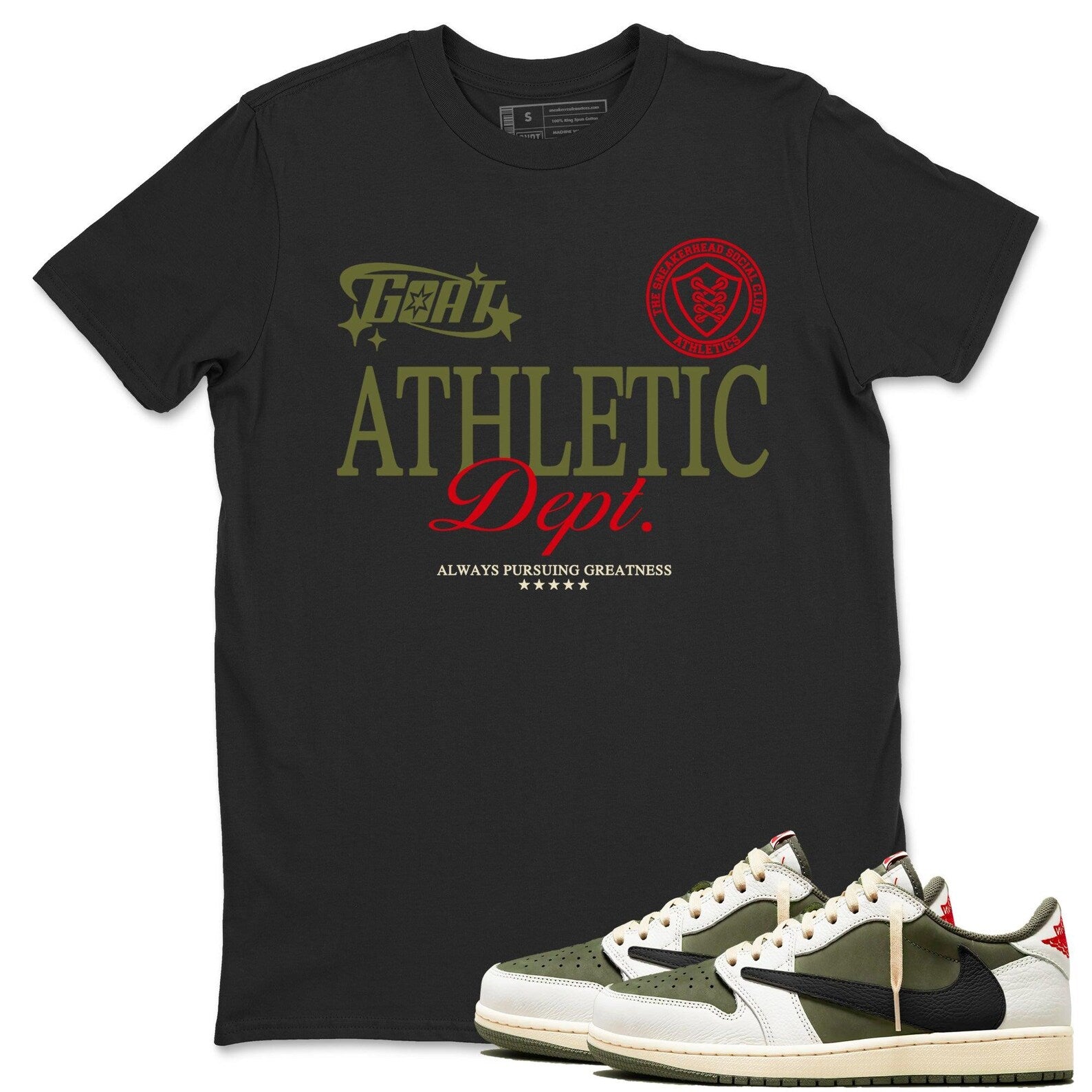 Goat Athletic Dept Sneaker T Shirts To Match Jordans 1s Travis Medium Olive T-Shirt, Sneaker Match Tee