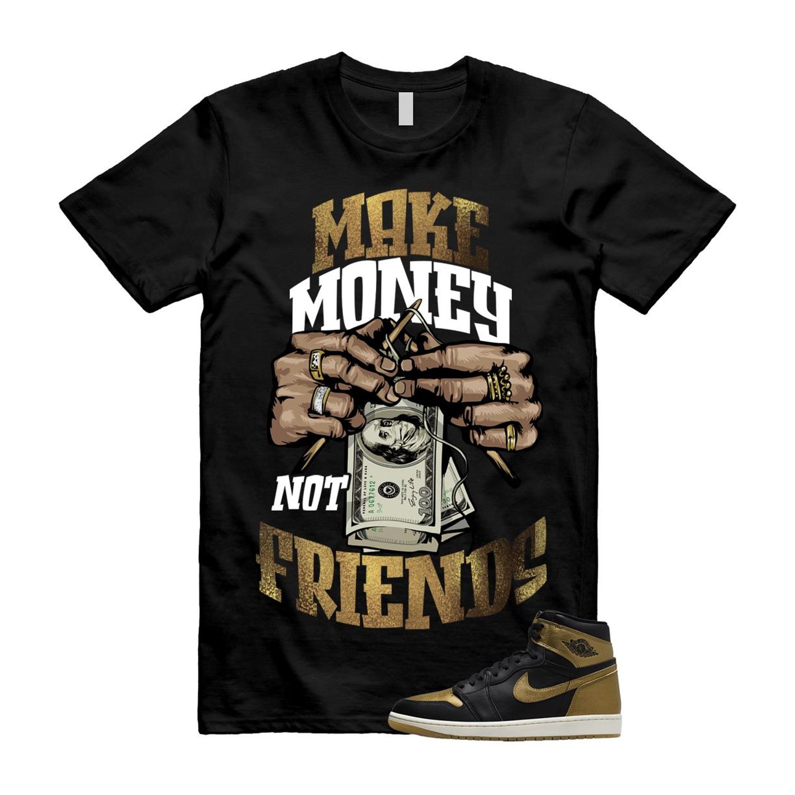 1 Black Metallic Gold Sail Retro High OG T Shirt Match MM T-Shirt, Sneaker Match Tee