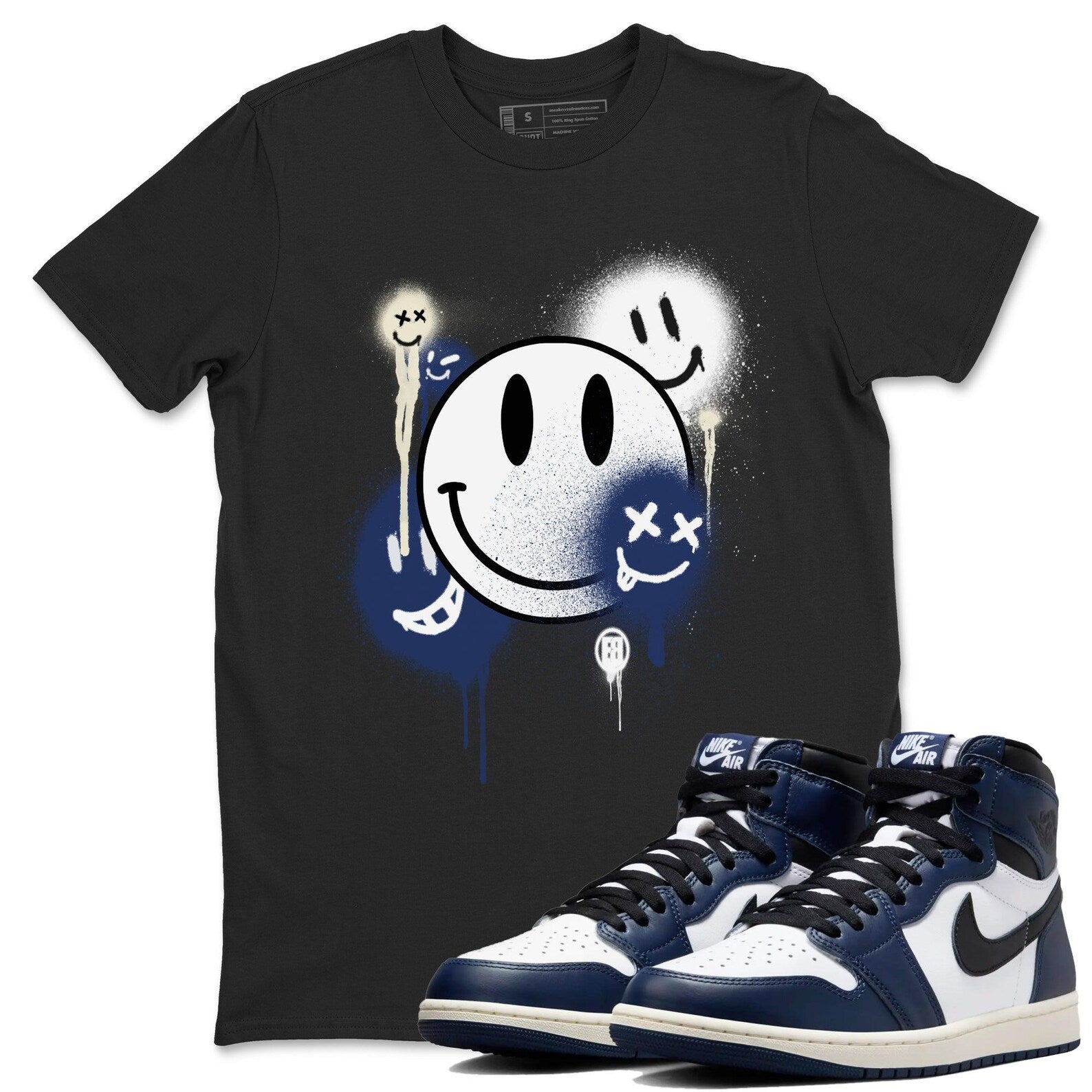 Smile Painting Sneaker T Shirt Unisex Cotton Sneaker Shirts To Match Jordans AJ1 High OG Midnight Navy T-Shirt, Sneaker Match Tee