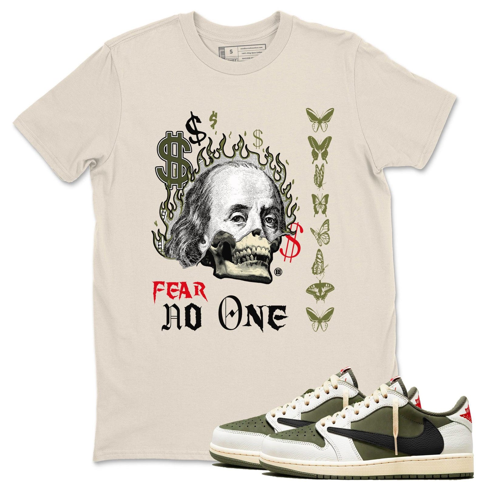 Fear No One Unisex T Shirts To Match Jordans 1s Low Travis x Medium Olive T-Shirt, Sneaker Match Tee