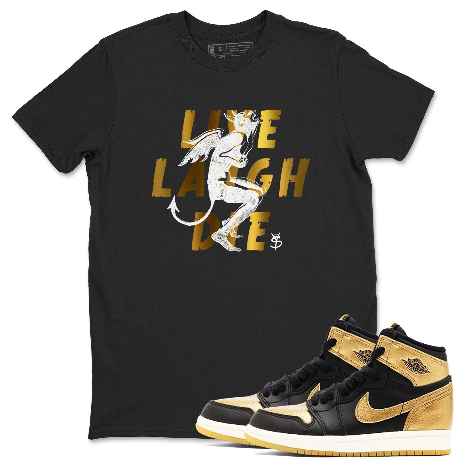 Laughing Devil Unisex T Shirts To Match Jordans 1s High OG Black Metallic Gold T-Shirt, Sneaker Match Tee