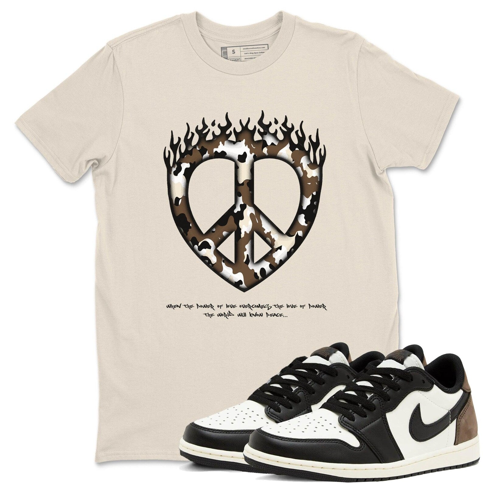 Love Peace T Shirts To Match Jordans Streetwear 1s Low Mocha T-Shirt, Sneaker Match Tee