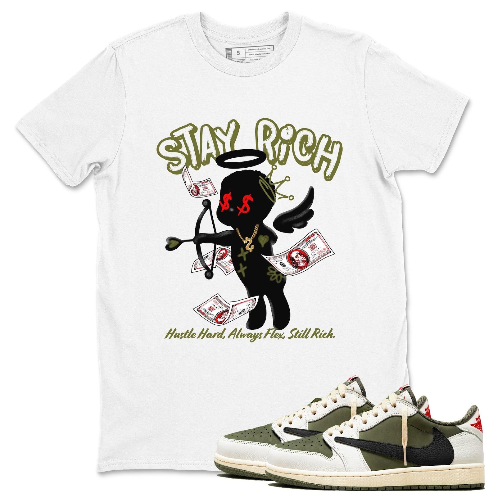 Stay Rich Sneaker T Shirt Unisex Cotton Sneaker Shirts To Match Jordans AJ1 Travis Medium Olive T-Shirt, Sneaker Match Tee