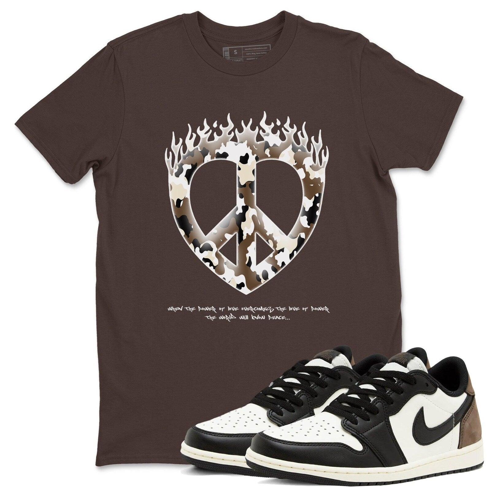 Love Peace T Shirts To Match Jordans Streetwear 1s Low Mocha T-Shirt, Sneaker Match Tee