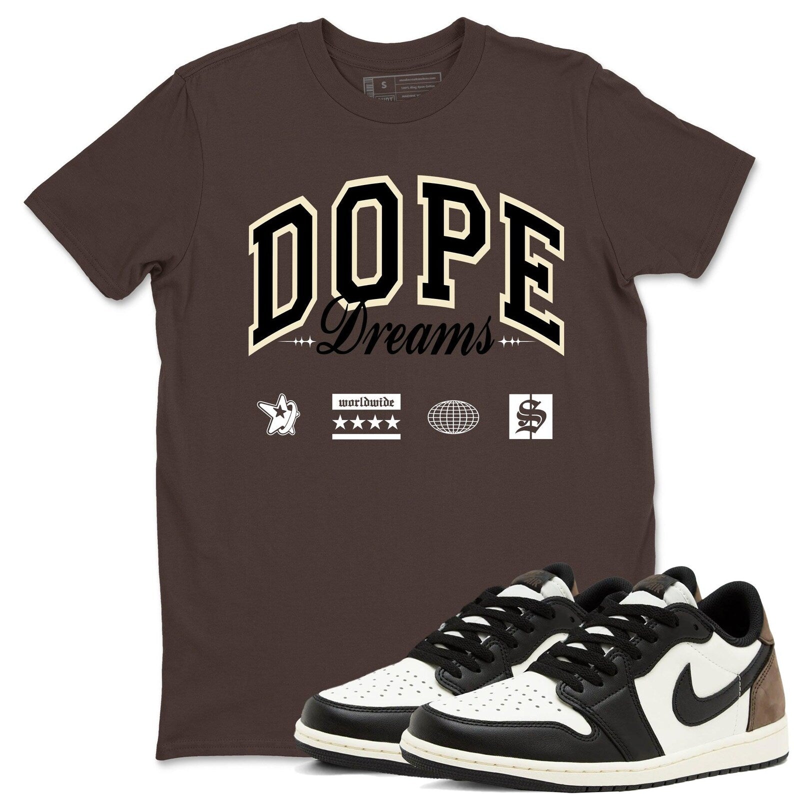 Dope Dreams Sneaker T Shirt Unisex Cotton Sneaker Shirts To Match Jordans AJ1 Low Mocha T-Shirt, Sneaker Match Tee