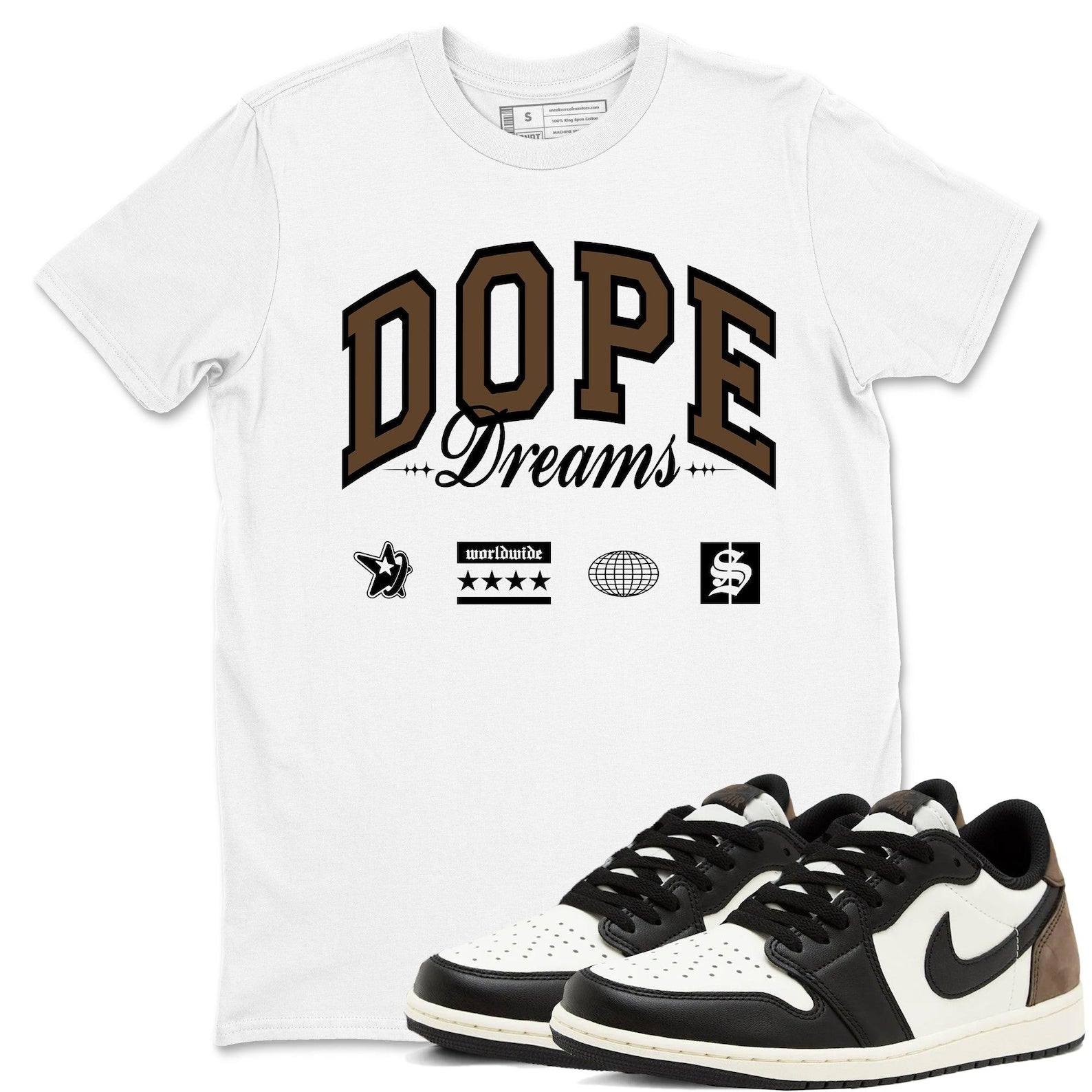 Dope Dreams Sneaker T Shirt Unisex Cotton Sneaker Shirts To Match Jordans AJ1 Low Mocha T-Shirt, Sneaker Match Tee