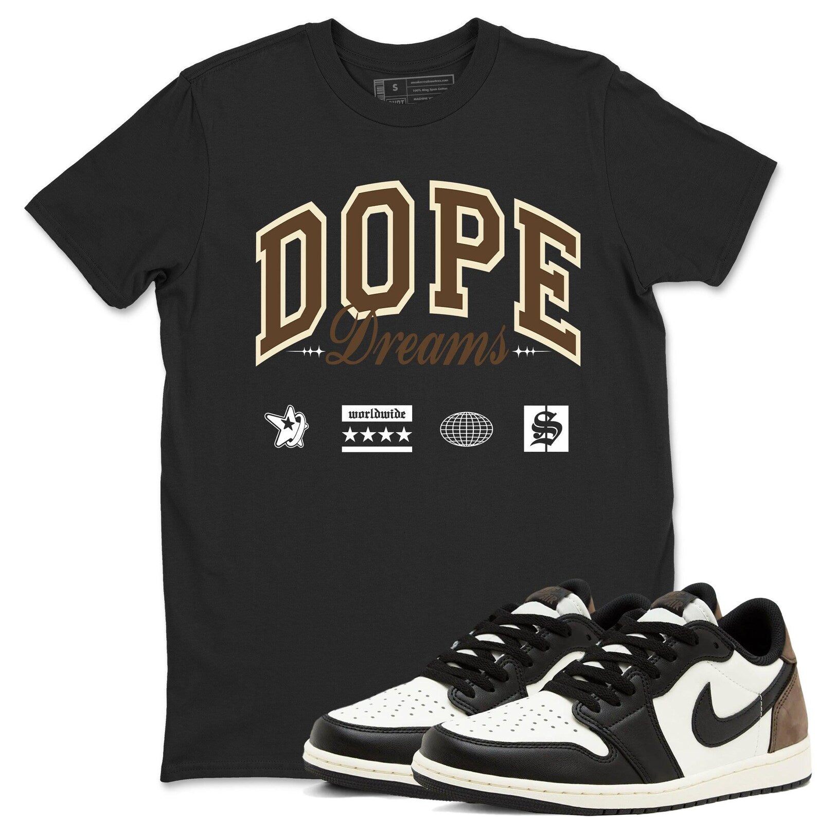 Dope Dreams Sneaker T Shirt Unisex Cotton Sneaker Shirts To Match Jordans AJ1 Low Mocha T-Shirt, Sneaker Match Tee