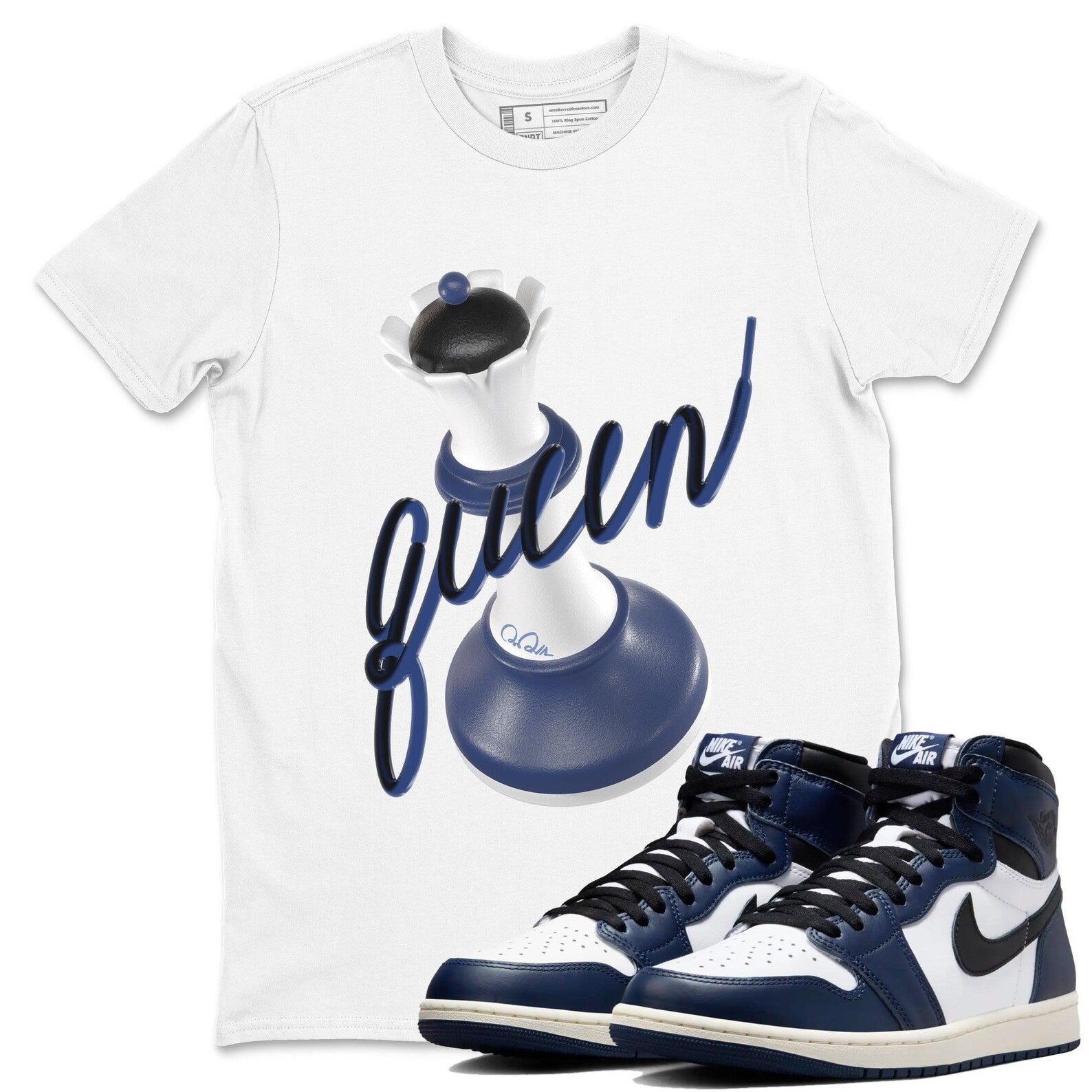 3D Queen SneakerT Shirts To Match Jordans AJ1 High OG Midnight Navy T-Shirt, Sneaker Match Tee