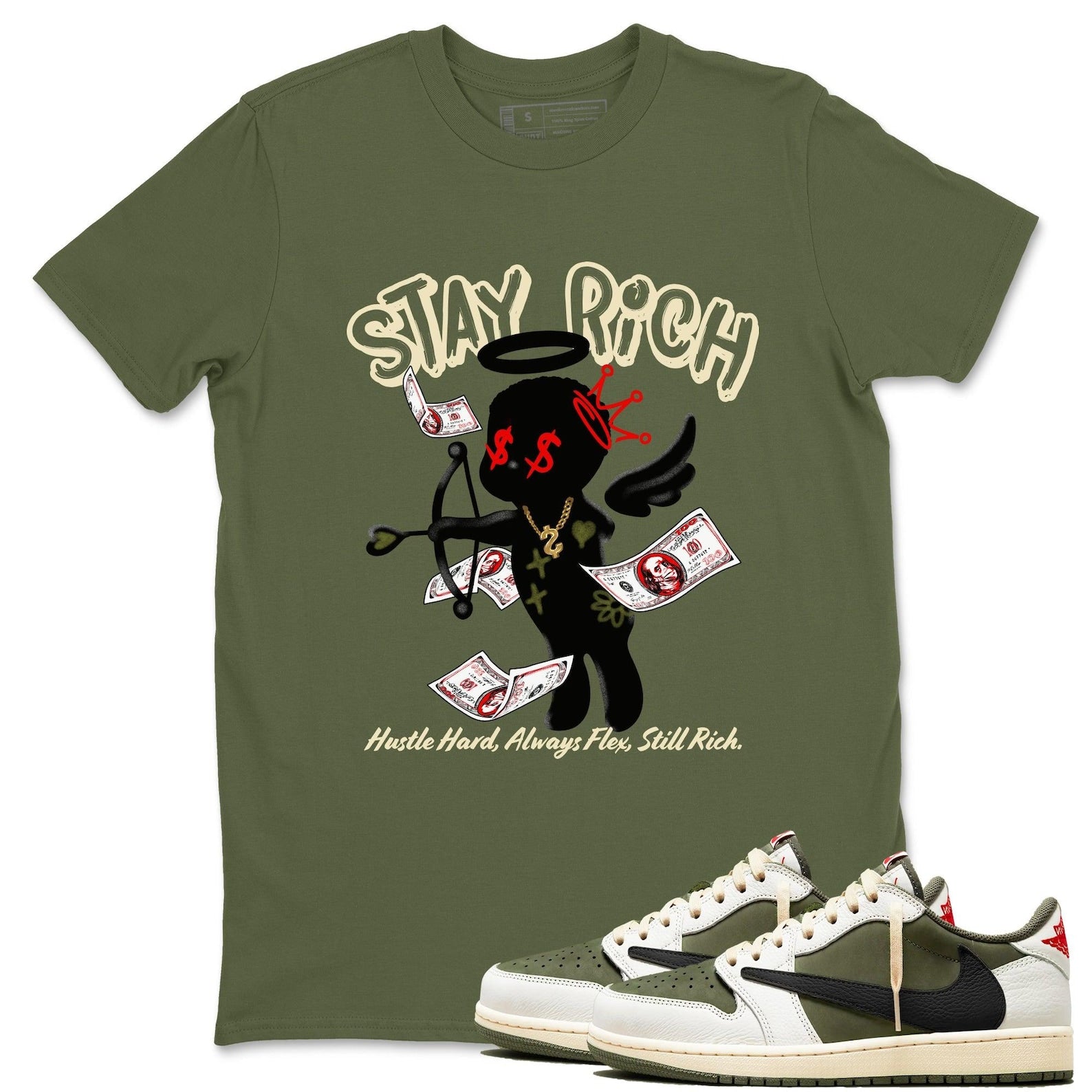 Stay Rich Sneaker T Shirt Unisex Cotton Sneaker Shirts To Match Jordans AJ1 Travis Medium Olive T-Shirt, Sneaker Match Tee