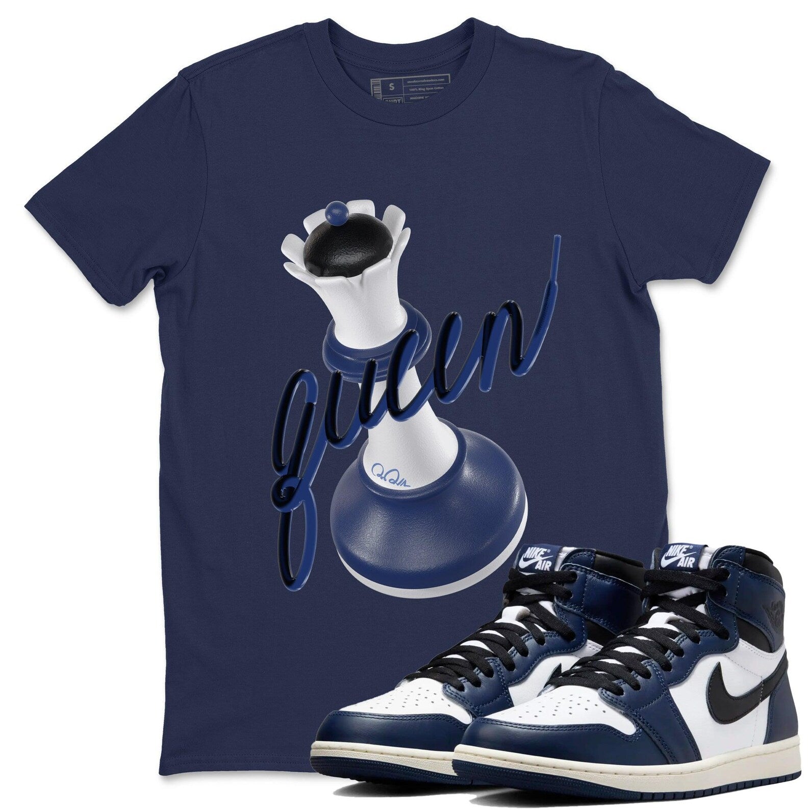 3D Queen SneakerT Shirts To Match Jordans AJ1 High OG Midnight Navy T-Shirt, Sneaker Match Tee