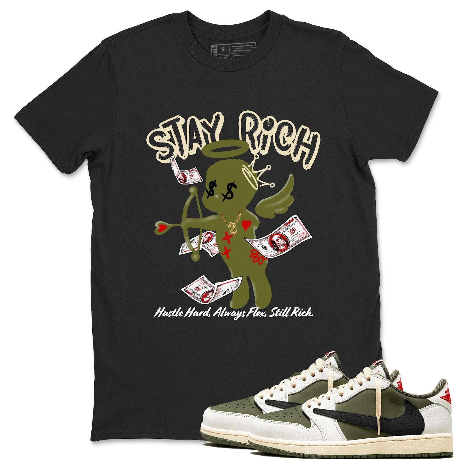 Stay Rich Sneaker T Shirt Unisex Cotton Sneaker Shirts To Match Jordans AJ1 Travis Medium Olive T-Shirt, Sneaker Match Tee