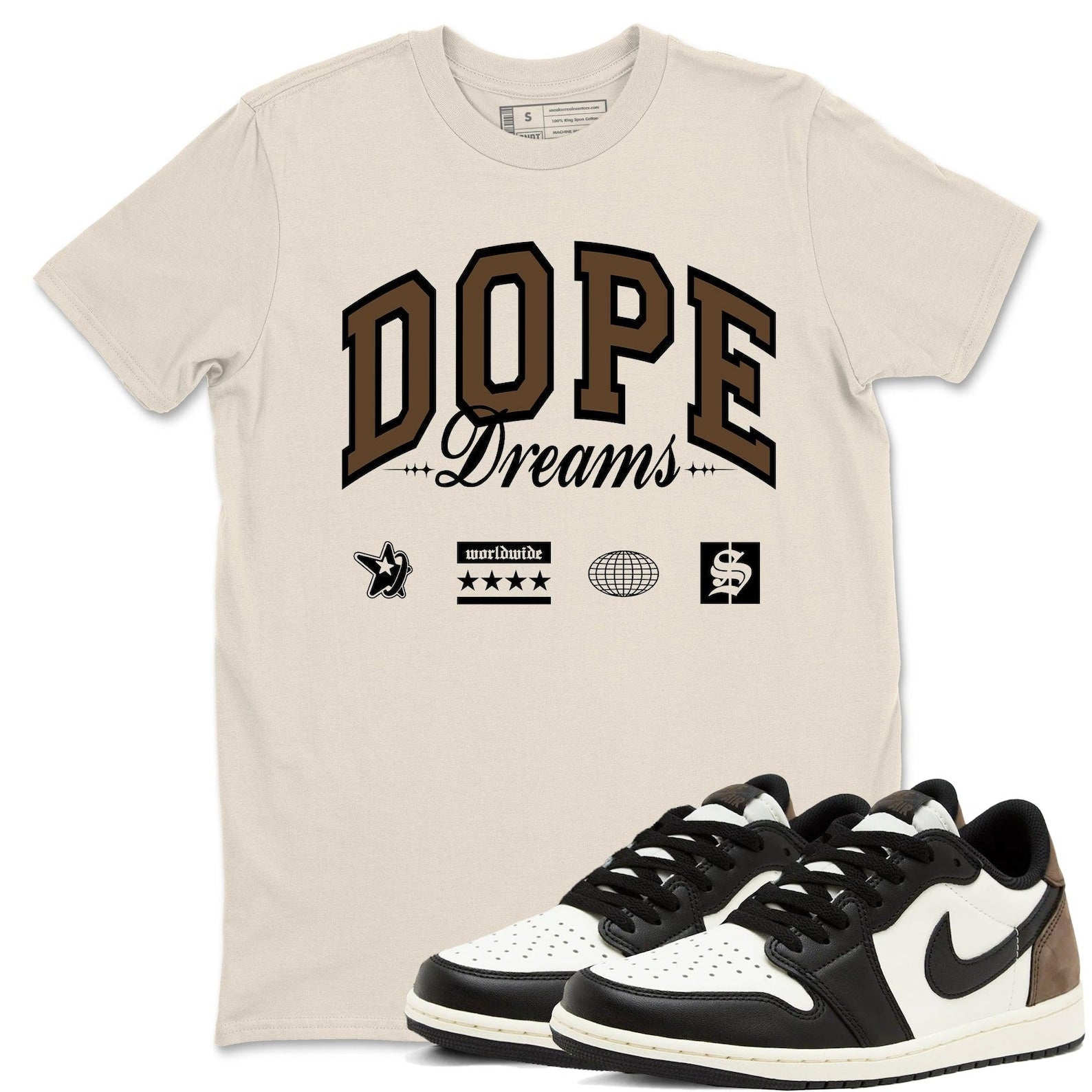 Dope Dreams Sneaker T Shirt Unisex Cotton Sneaker Shirts To Match Jordans AJ1 Low Mocha T-Shirt, Sneaker Match Tee