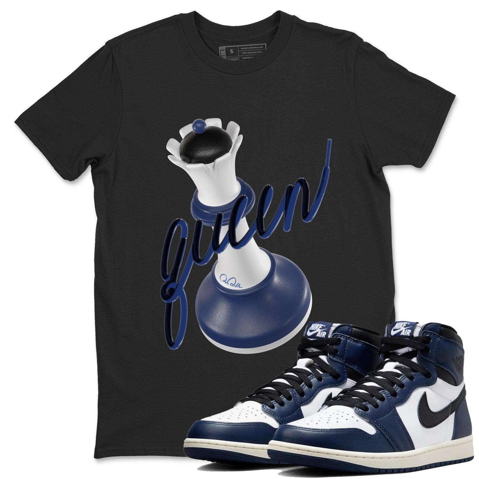 3D Queen SneakerT Shirts To Match Jordans AJ1 High OG Midnight Navy T-Shirt, Sneaker Match Tee