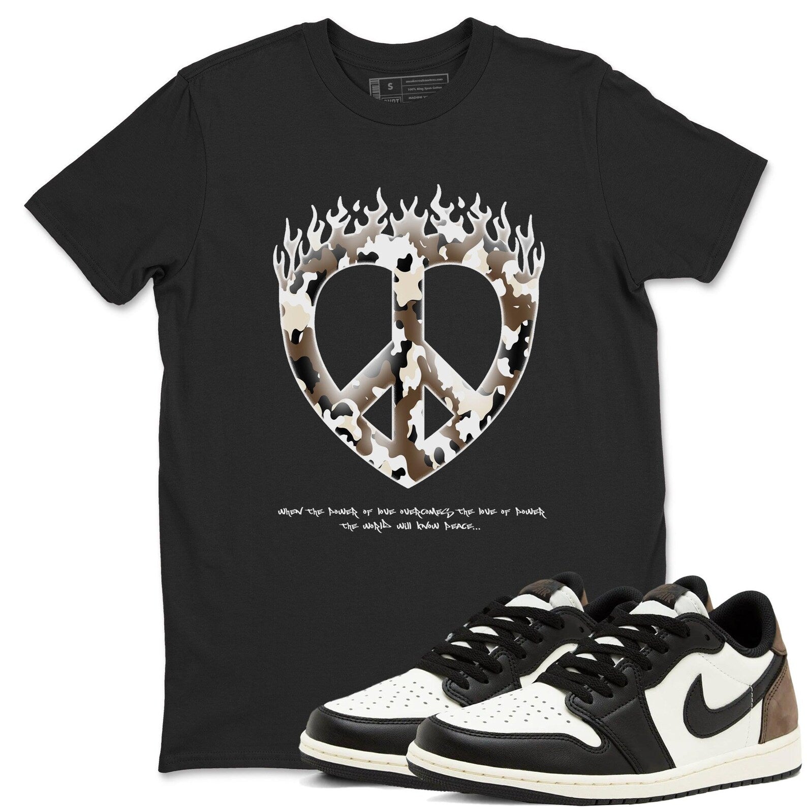 Love Peace T Shirts To Match Jordans Streetwear 1s Low Mocha T-Shirt, Sneaker Match Tee