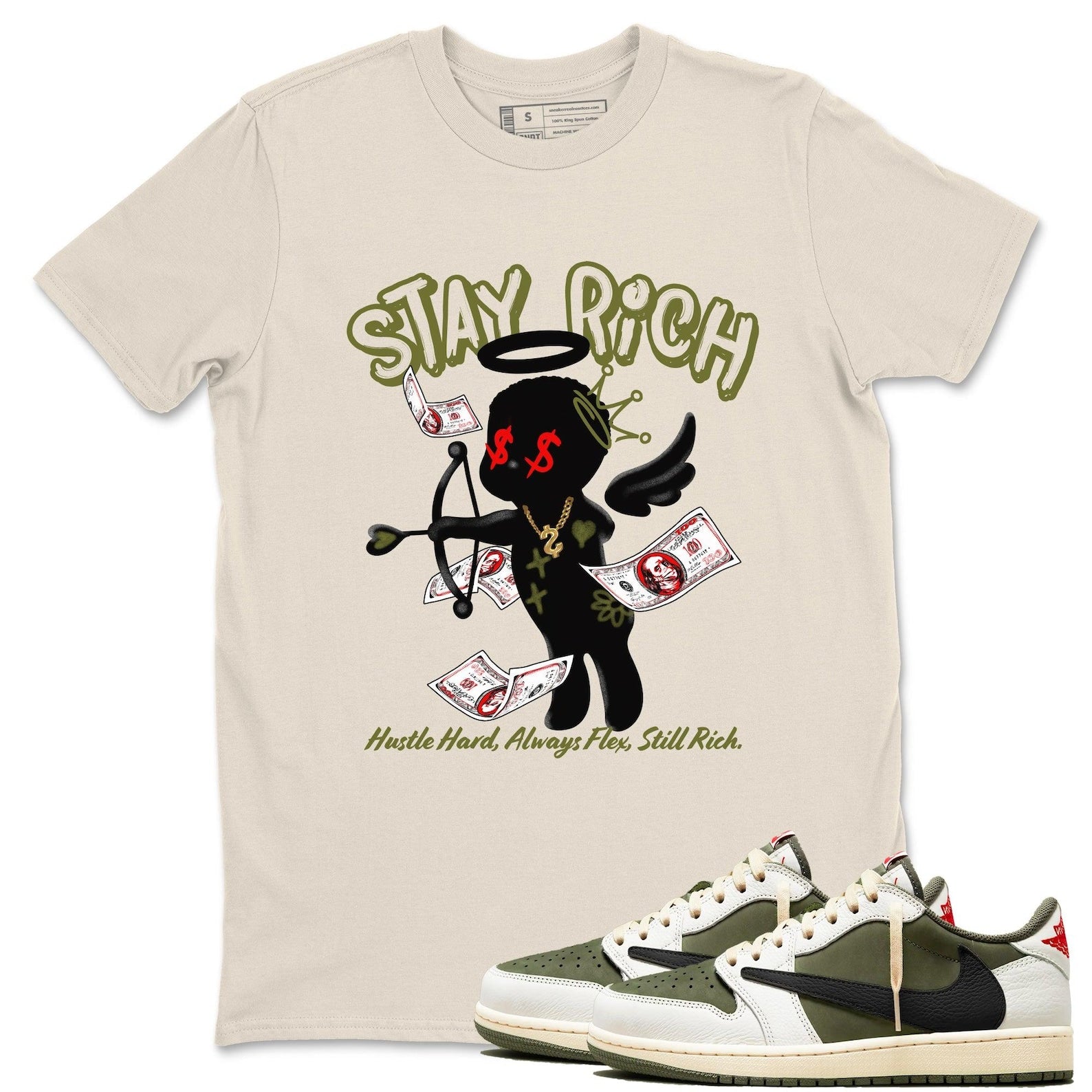 Stay Rich Sneaker T Shirt Unisex Cotton Sneaker Shirts To Match Jordans AJ1 Travis Medium Olive T-Shirt, Sneaker Match Tee