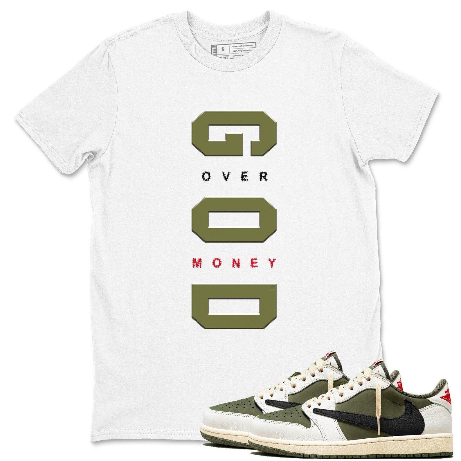 God Over Money t shirts to match sneakers Air Jordan 1 Travis x Reverse Olive T-Shirt, Sneaker Match Tee