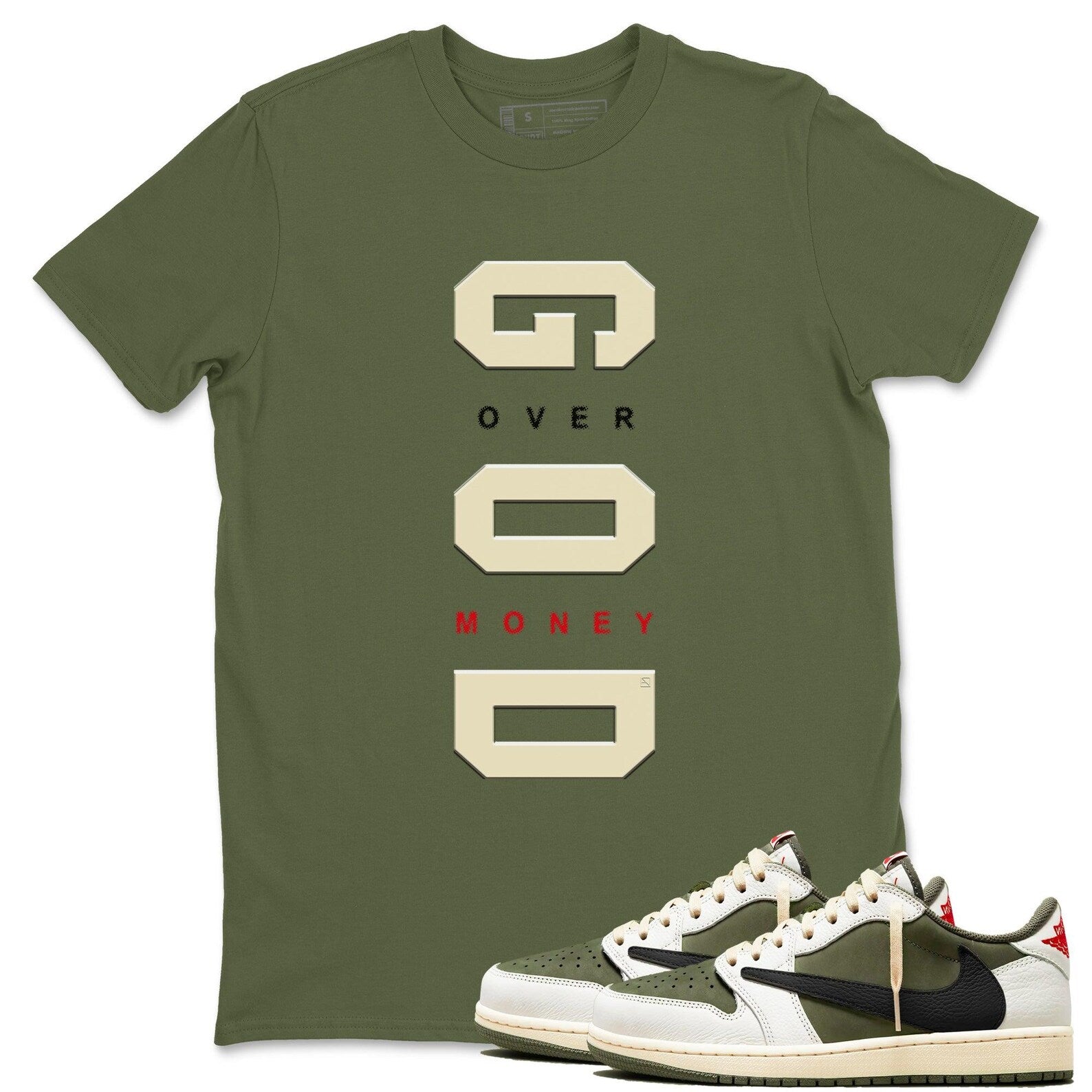 God Over Money t shirts to match sneakers Air Jordan 1 Travis x Reverse Olive T-Shirt, Sneaker Match Tee
