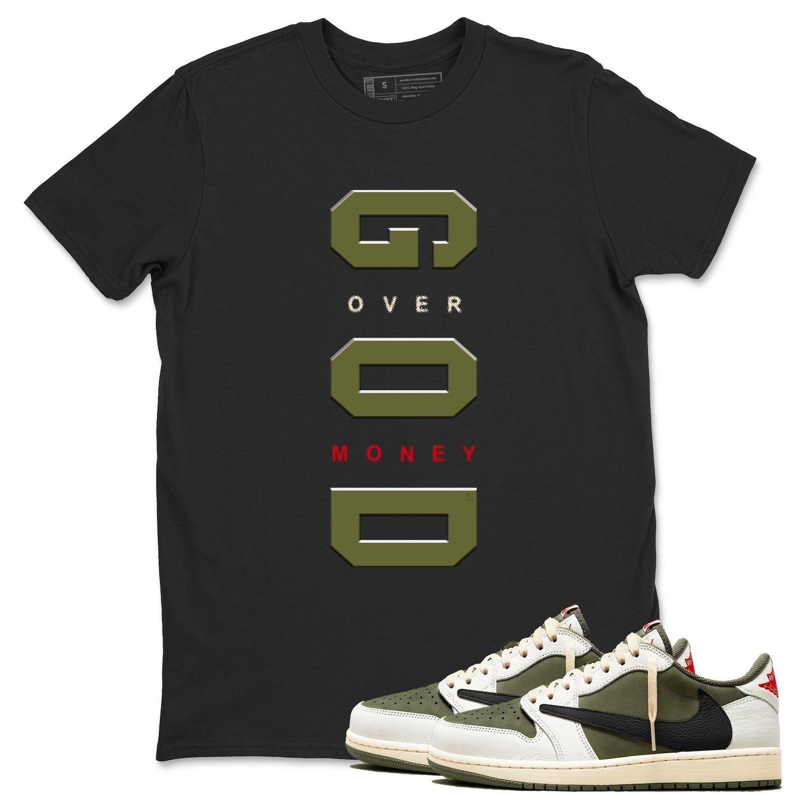 God Over Money t shirts to match sneakers Air Jordan 1 Travis x Reverse Olive T-Shirt, Sneaker Match Tee