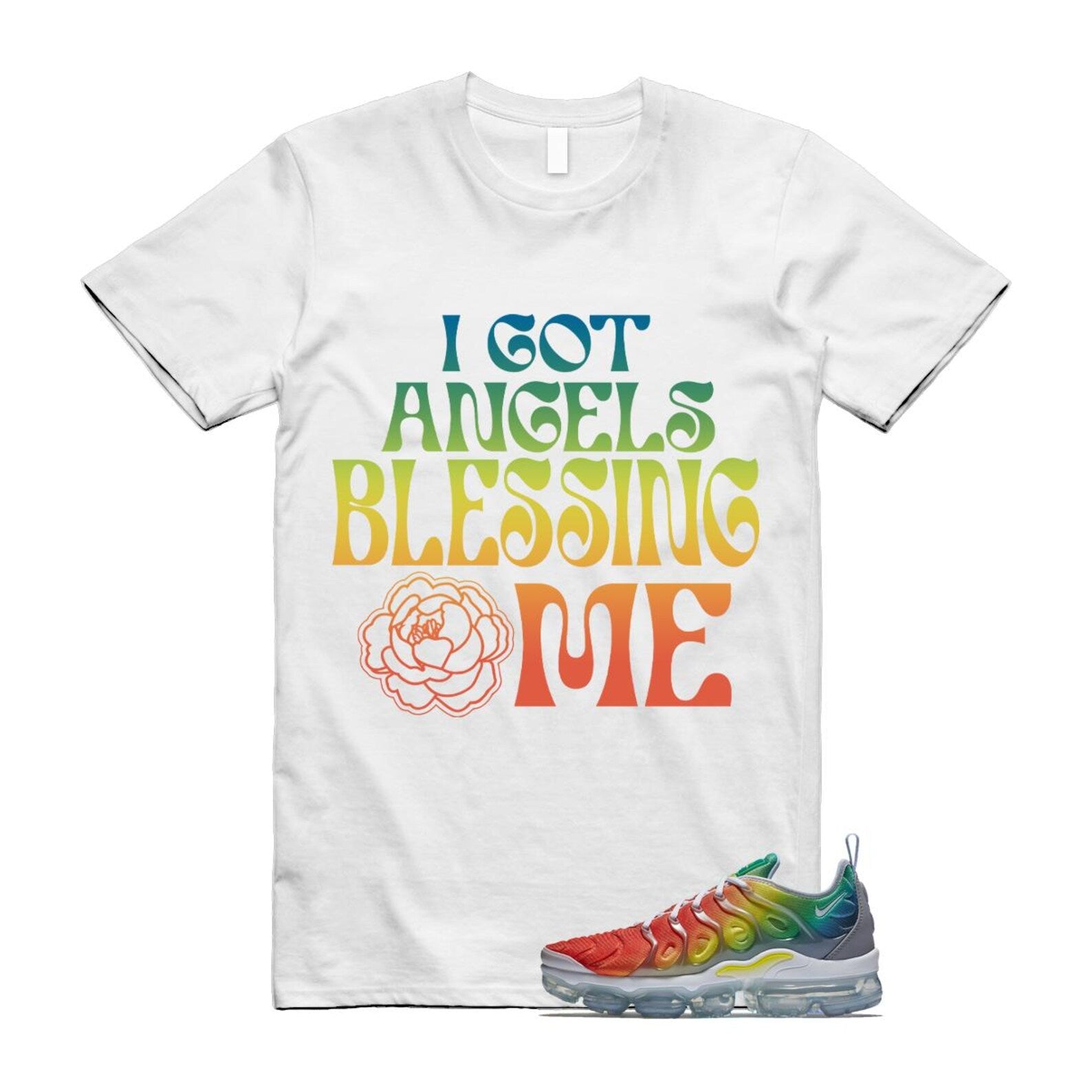 VaporMax Rainbow Air Plus White Neptune Blue Dynamic Yellow T Shirt Match ANGELS T-Shirt, Sneaker Match Tee