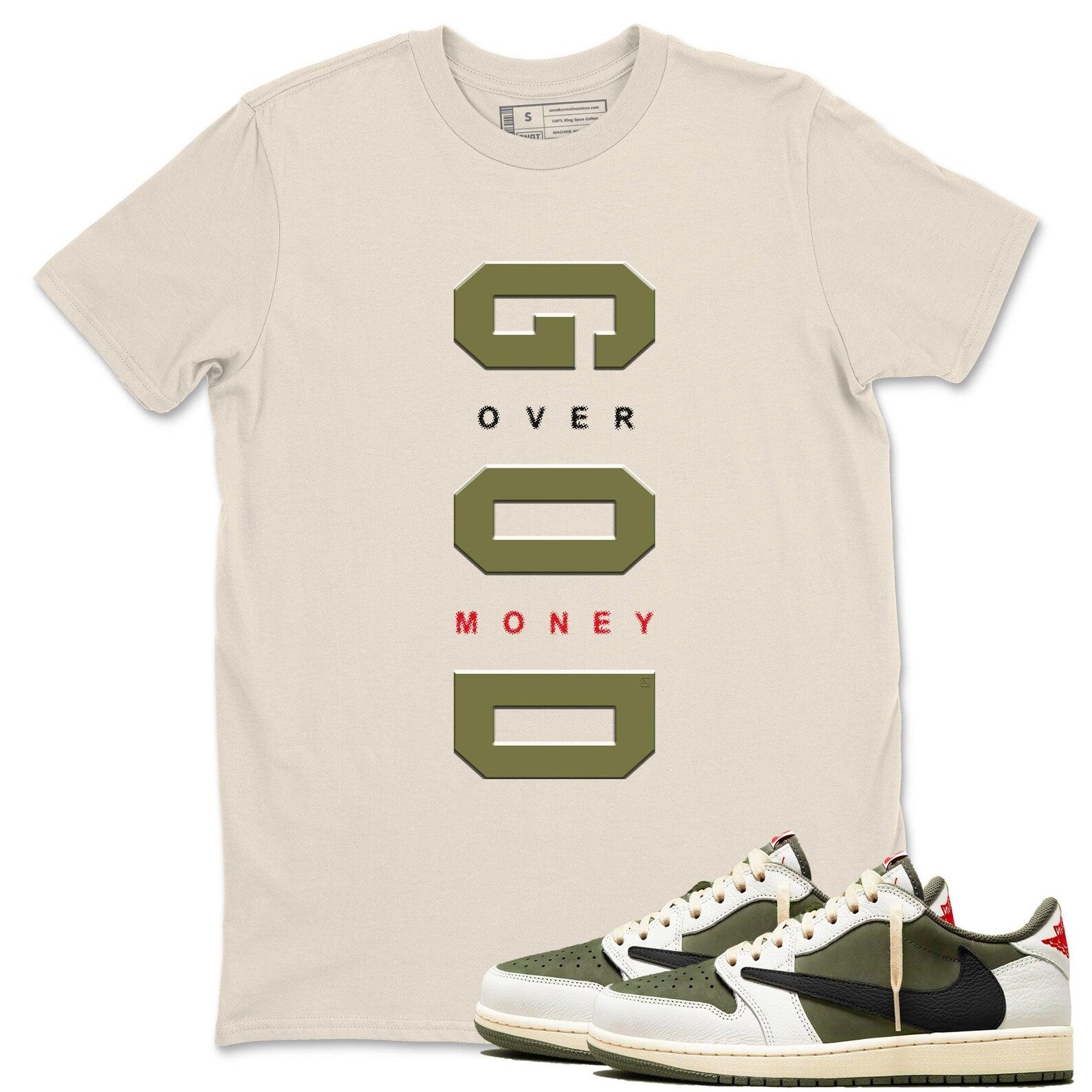 God Over Money t shirts to match sneakers Air Jordan 1 Travis x Reverse Olive T-Shirt, Sneaker Match Tee