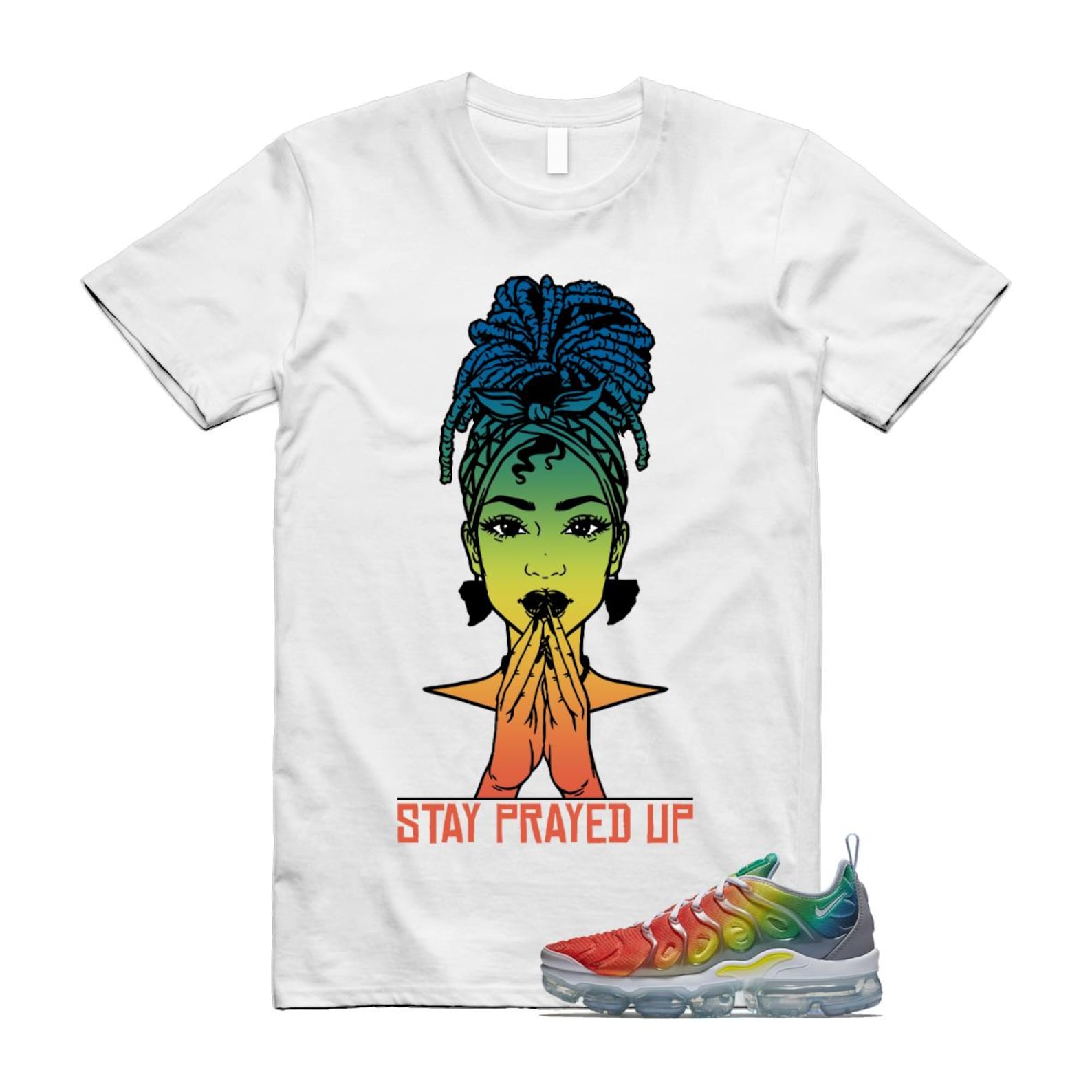 VaporMax Rainbow Air Plus White Neptune Blue Dynamic Yellow T Shirt Match PRAY T-Shirt, Sneaker Match Tee