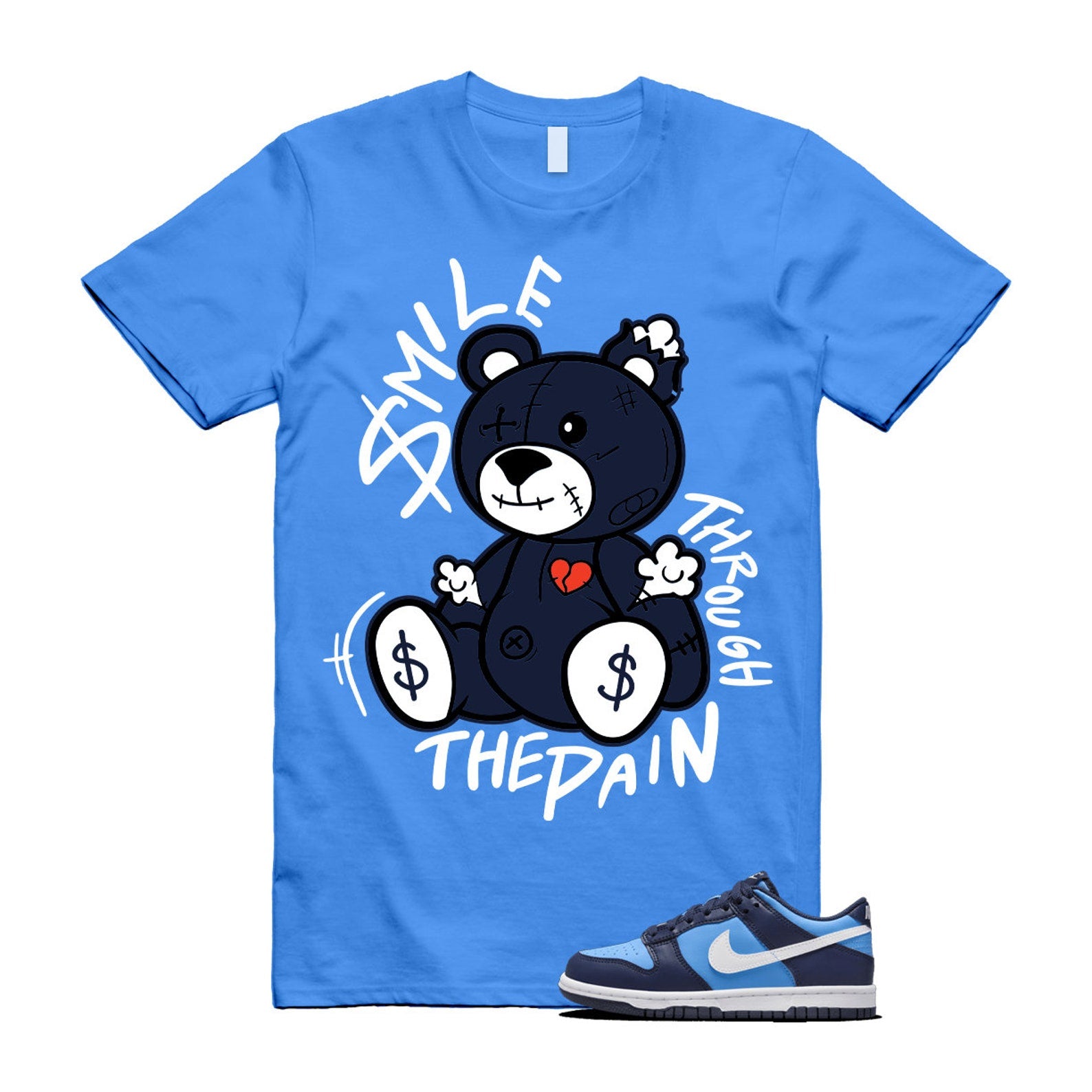 Dunk University Blue Midnight Navy White Big Kids Low T Shirt Match Smile Through The Pain T-Shirt, Sneaker Match Tee