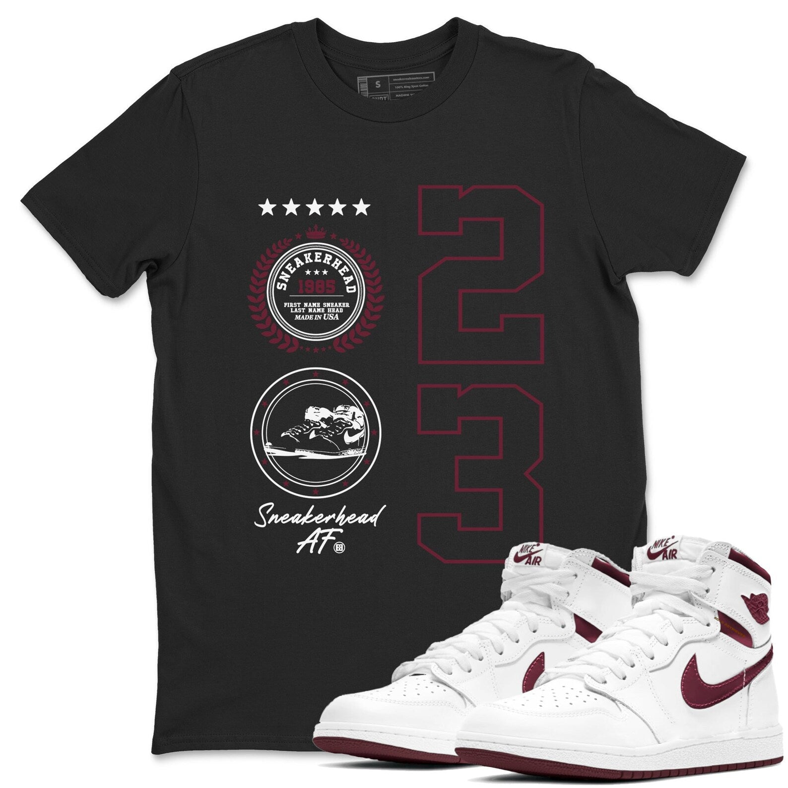 Sneaker Emblem Sneaker Shirts To Match Jordans AJ1 Metallic Burgund T-Shirt, Sneaker Match Tee