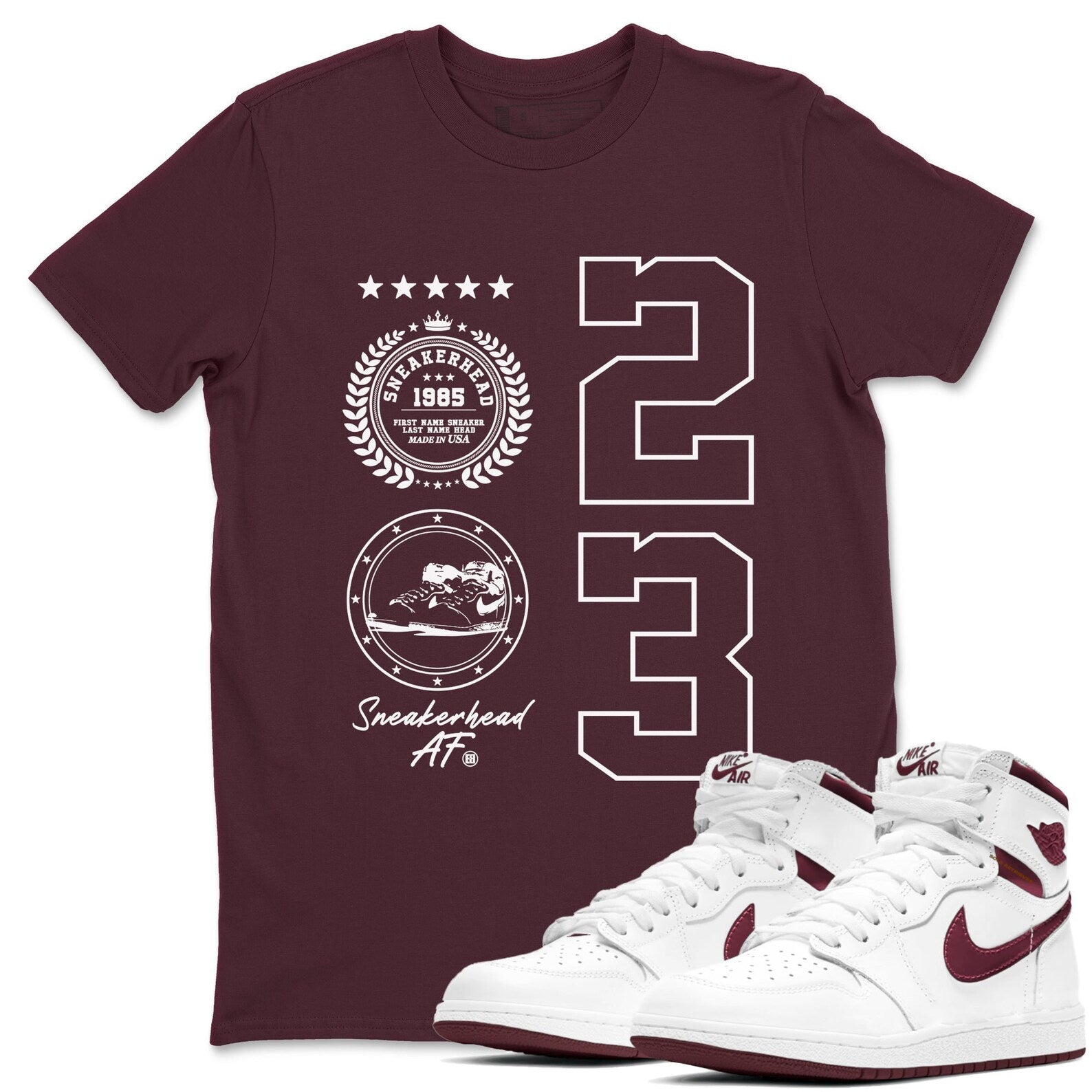Sneaker Emblem Sneaker Shirts To Match Jordans AJ1 Metallic Burgund T-Shirt, Sneaker Match Tee