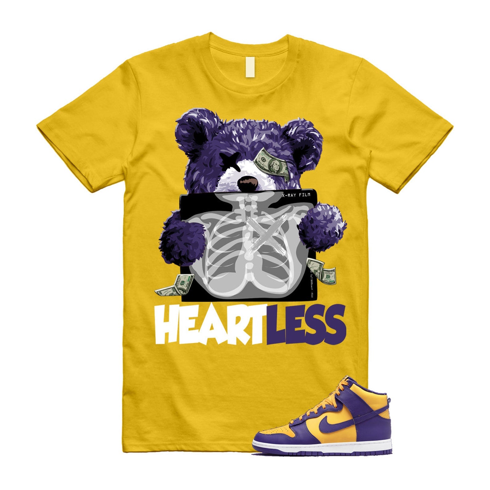 Dunk Lakers University Gold Court Purple High White T Shirt Match HEART T-Shirt, Sneaker Match Tee