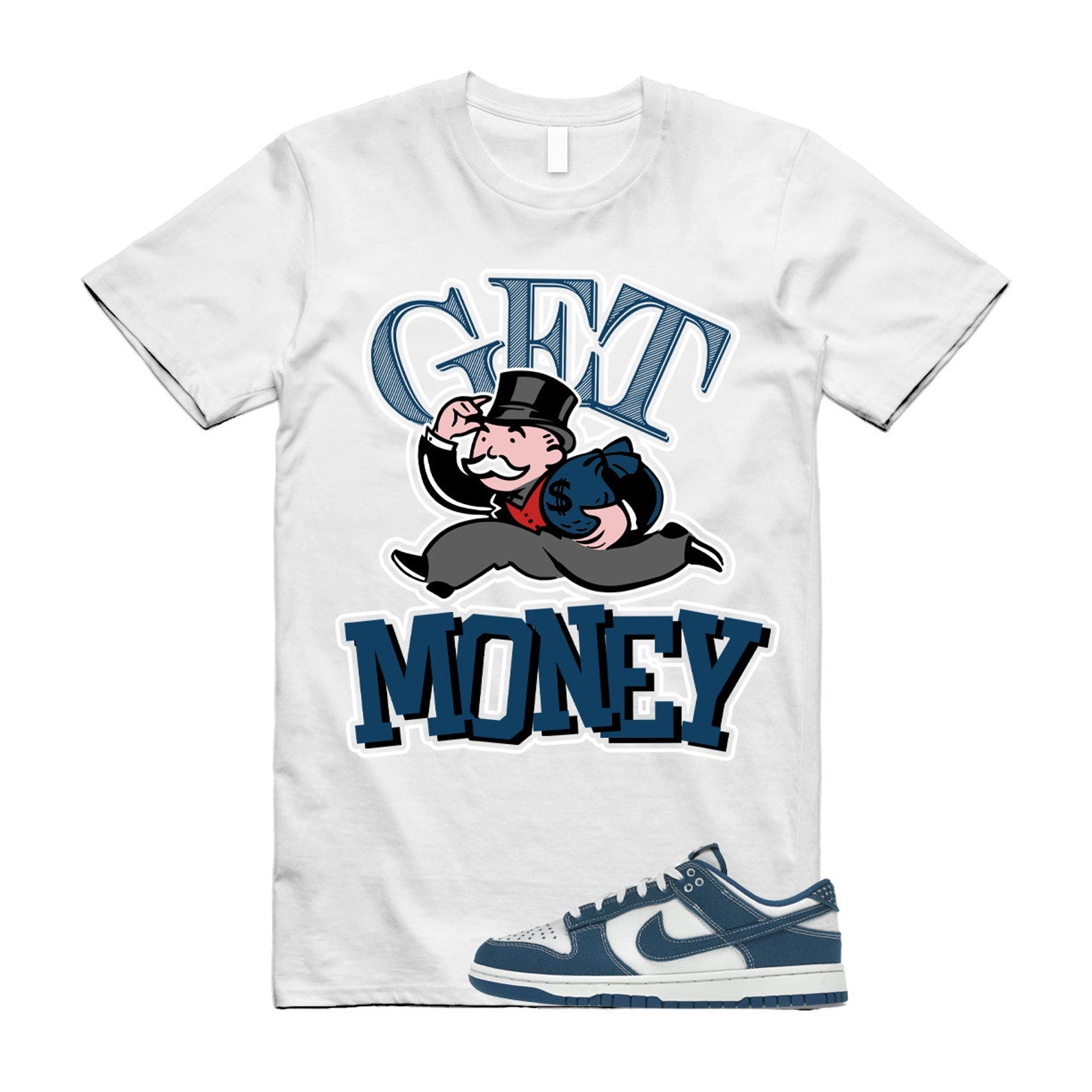 GM T Shirt to match N Dunk Low Industrial Blue Sashiko Summit White Japan T-Shirt, Sneaker Match Tee