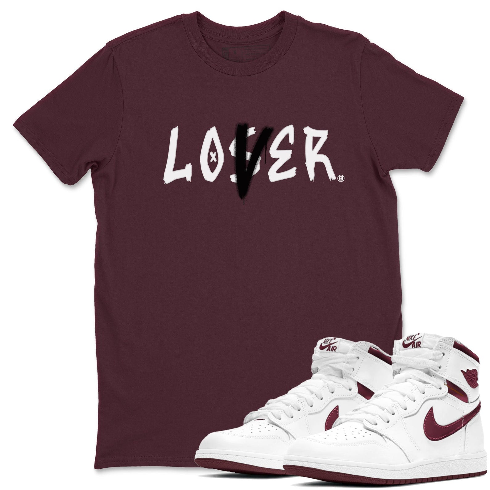 Loser Lover Sneaker T Shirts To Match Jordans 1s Metallic Burgundy T-Shirt, Sneaker Match Tee