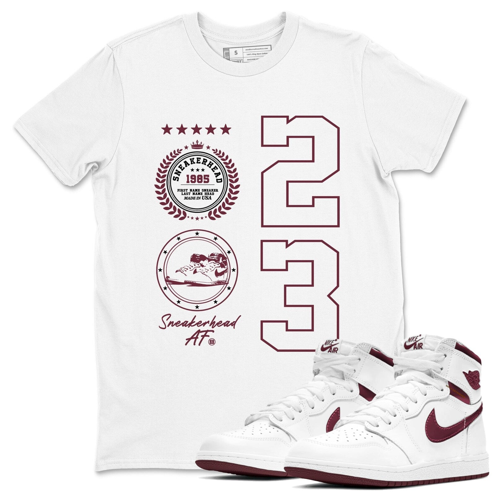 Sneaker Emblem Sneaker Shirts To Match Jordans AJ1 Metallic Burgund T-Shirt, Sneaker Match Tee
