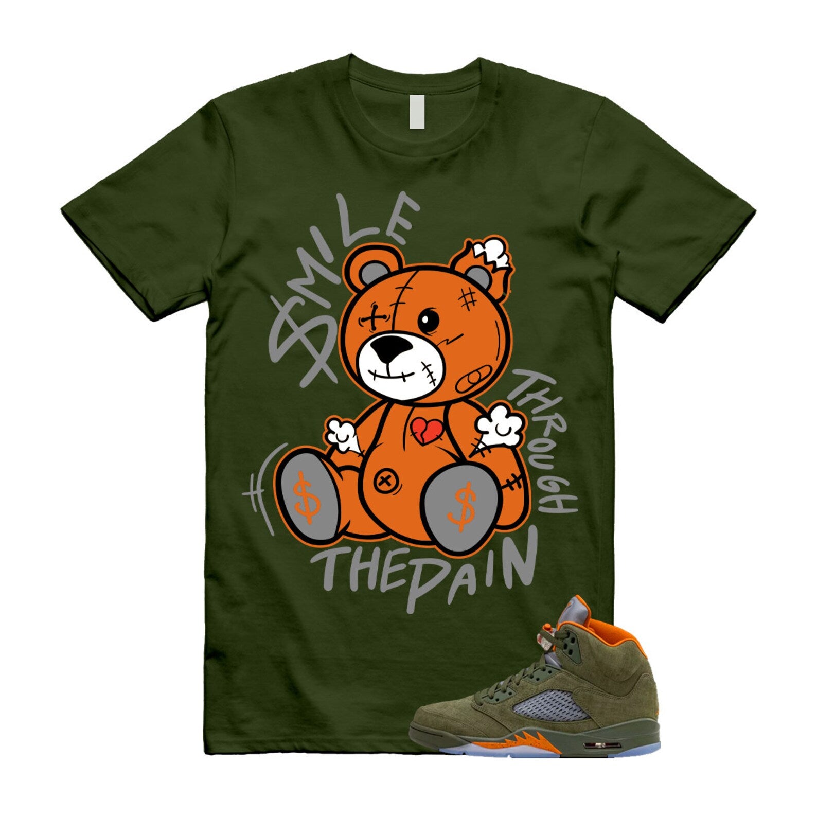 5 Olive Army Solar Orange Black Retro T Shirt Match Smile Through The Pain T-Shirt, Sneaker Match Tee