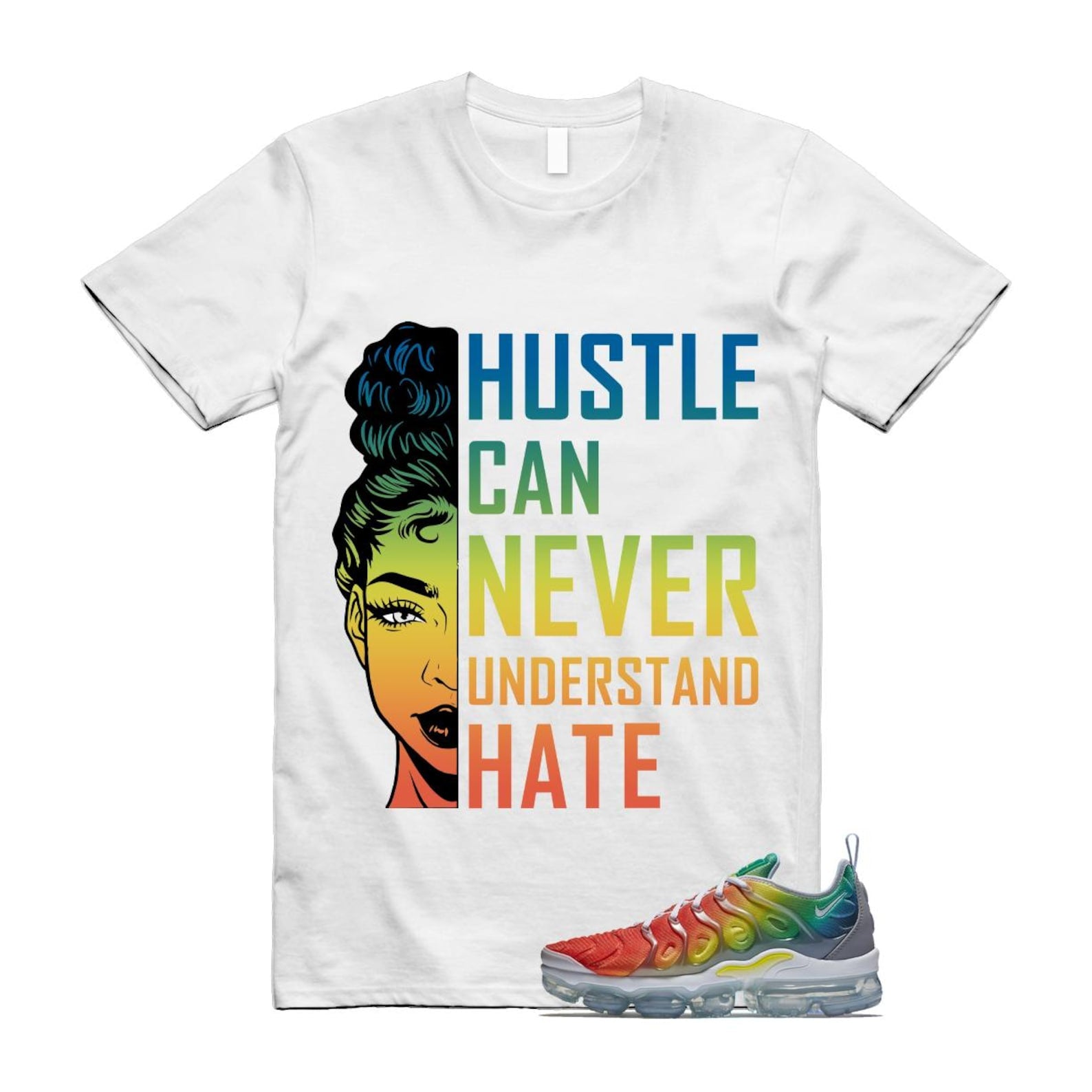VaporMax Rainbow Air Plus White Neptune Blue Dynamic Yellow T Shirt Match HUSTLE T-Shirt, Sneaker Match Tee