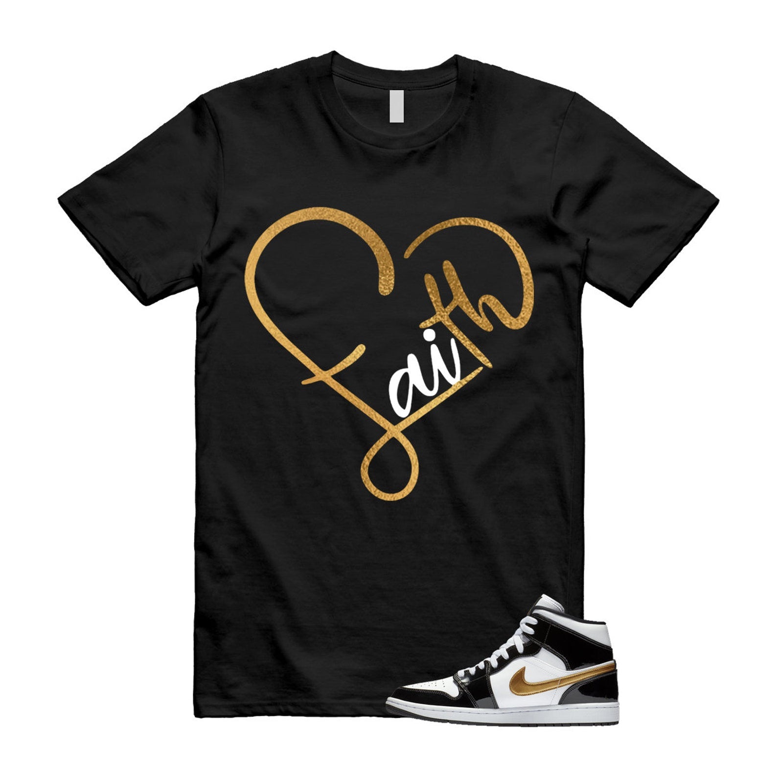 Metallic Gold Patent Black White Air 1 Mid T Shirt Match FAITH T-Shirt, Sneaker Match Tee