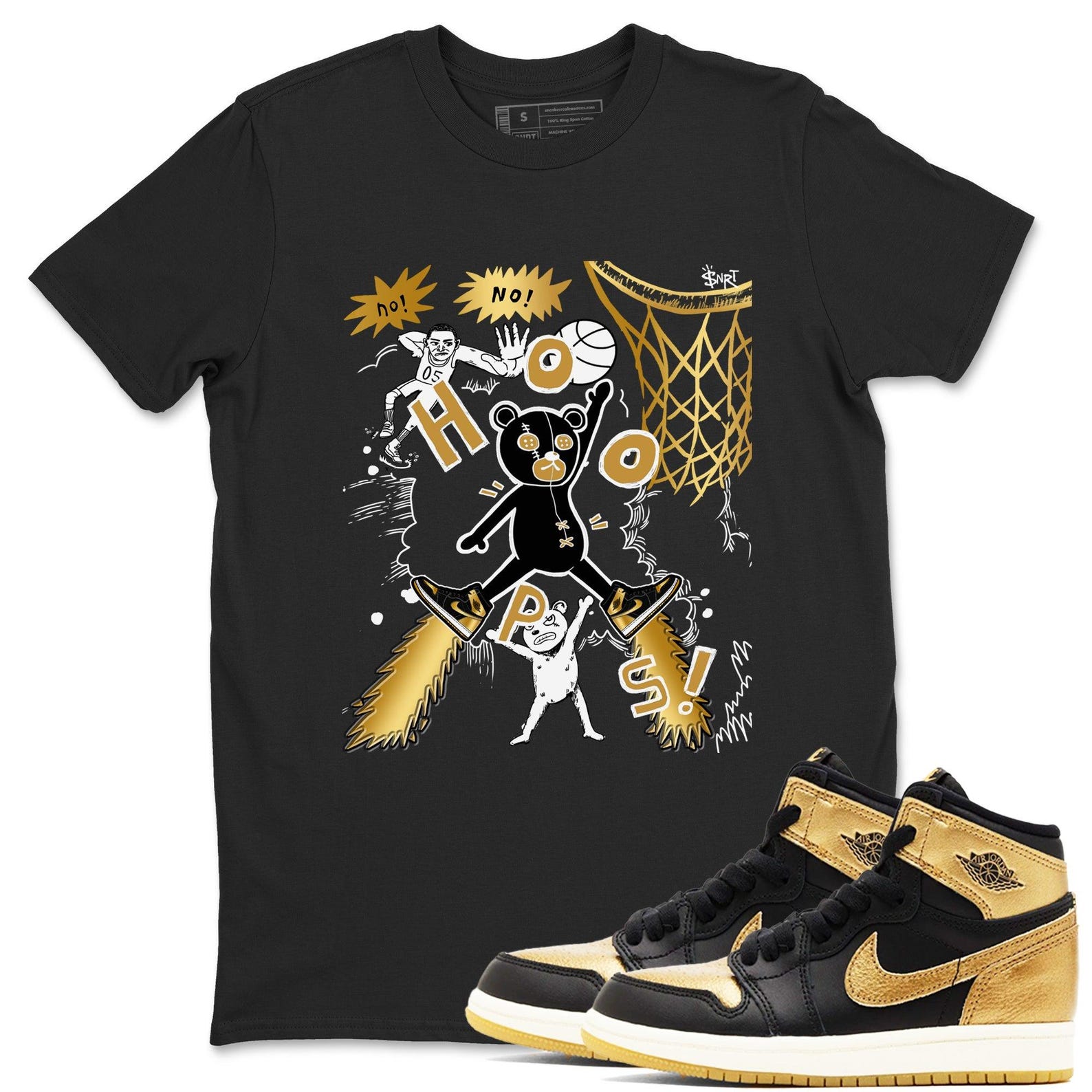 Stop The Bear Sneaker Casual Unisex Cotton Sneaker T Shirt To Match Jordan 1s Black Metallic Gold T-Shirt, Sneaker Match Tee