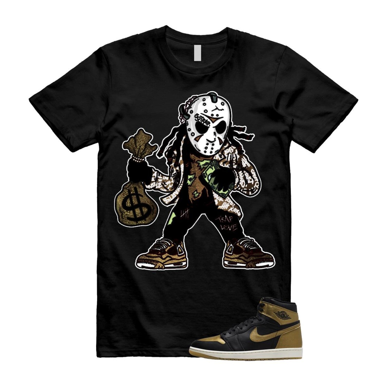 Air Jordan 1 Retro High OG Black Metallic Gold Shirt to Match JASON 555088-032 Match Sneaker Tee
