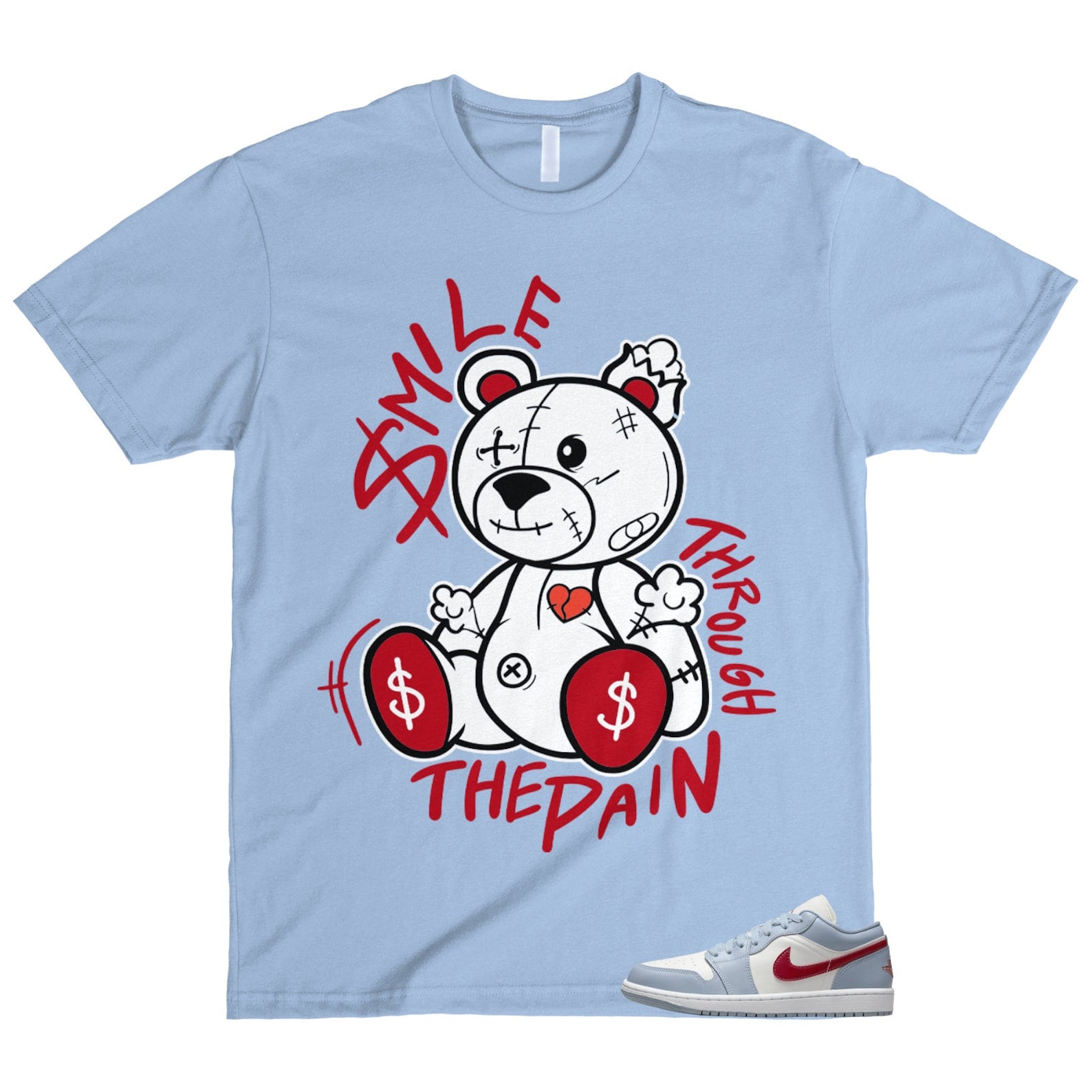 1 Blue Whisper Dune Red Grey White Sail Low T Shirt Match Smile Through The Pain T-Shirt, Sneaker Match Tee