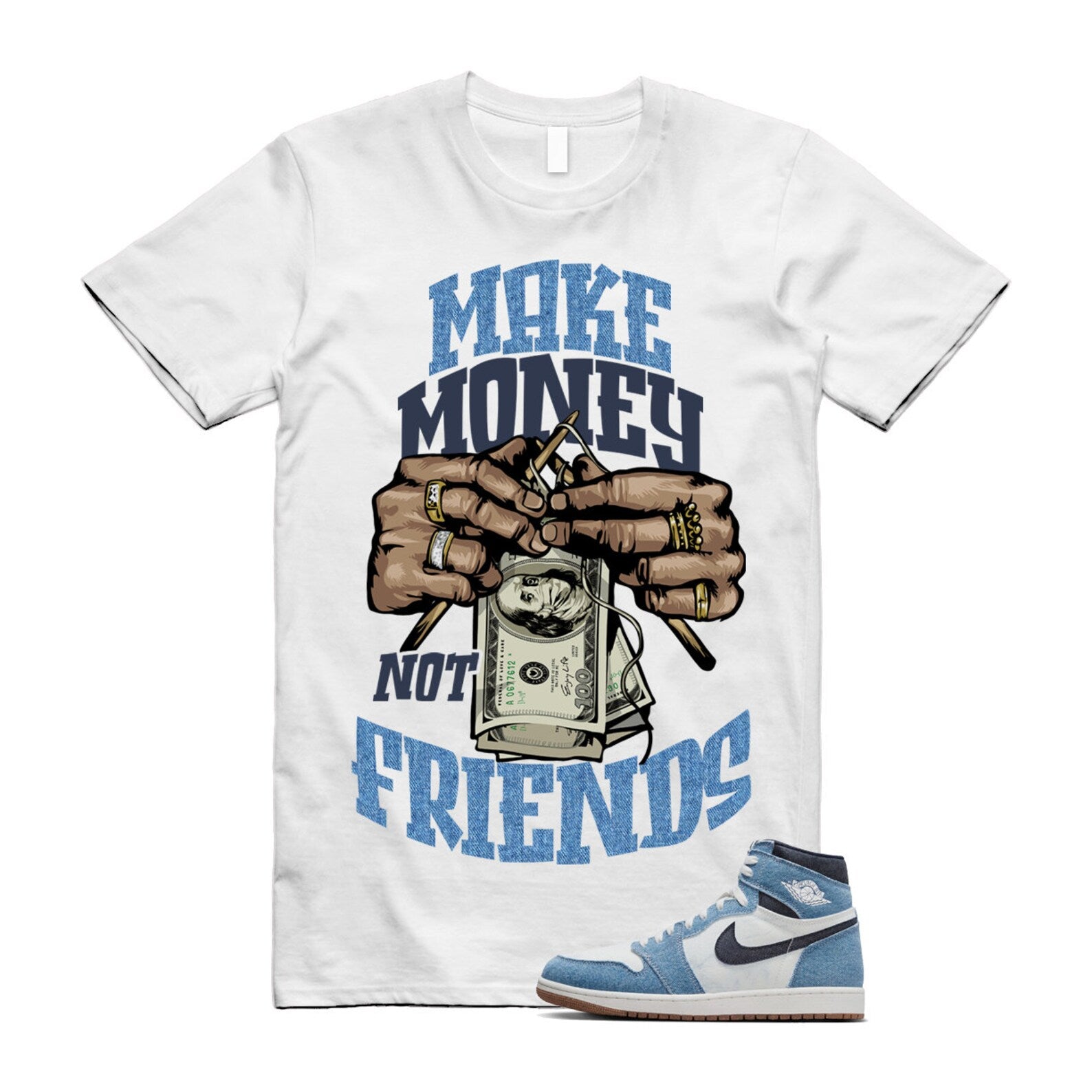1 Denim Summit White High OG Obsidian Gum Medium Brown T Shirt Match MM T-Shirt, Sneaker Match Tee