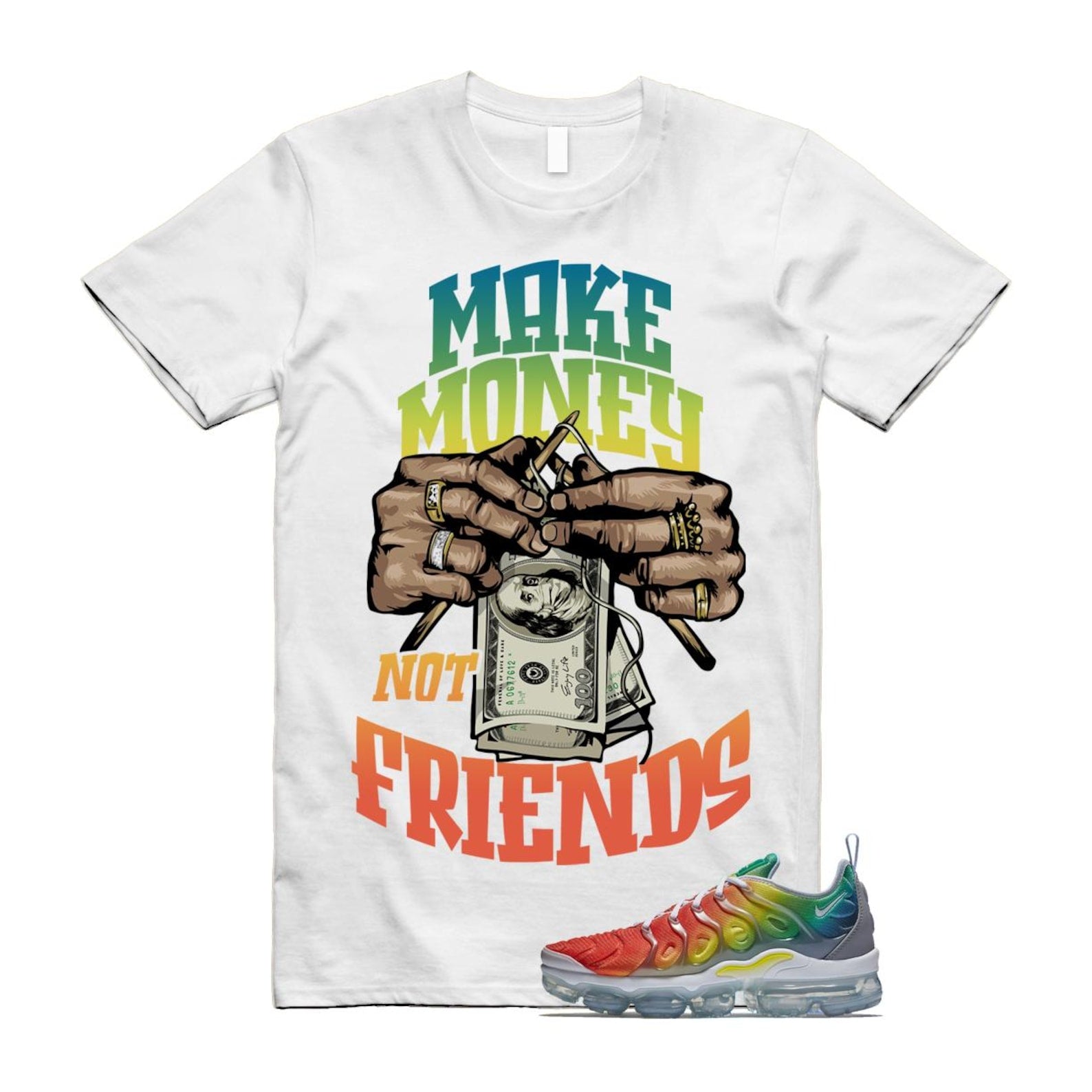 VaporMax Rainbow Air Plus White Neptune Blue Dynamic Yellow T Shirt Match MM T-Shirt, Sneaker Match Tee